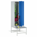 Šatní skříňka s lavičkou, 2 oddíly, 1875 x 600 x 500/800 mm, demont, RFID zámek, modré dveře