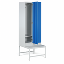 Šatní skříňka s lavičkou, 2 oddíly, 1875 x 600 x 500/800 mm, demont, RFID zámek, modré dveře