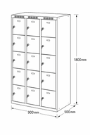Šatní skříňka s úložnými boxy, 15 boxů, 1800 x 900 x 500 mm, cylindrický zámek, šedé dveře