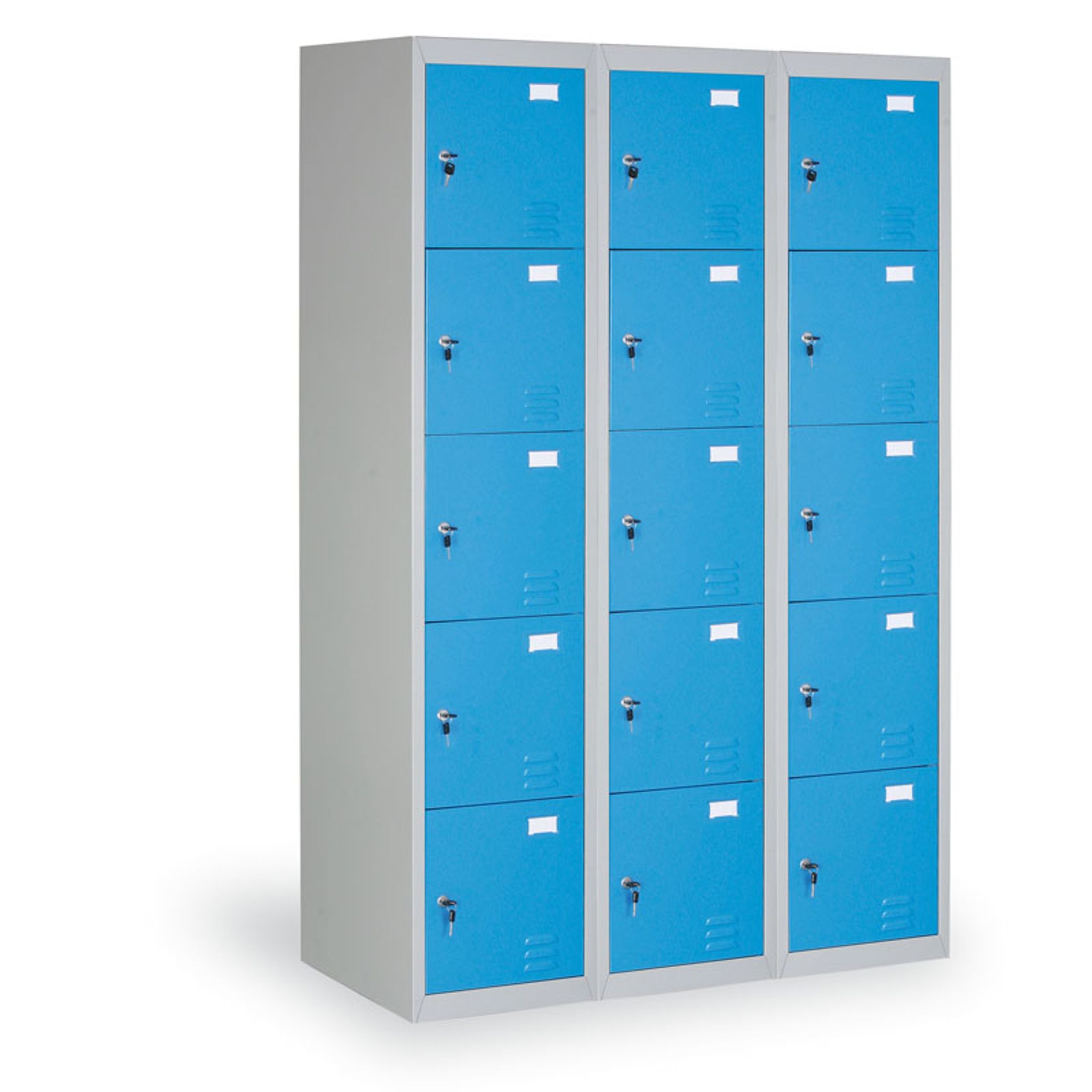 Šatní skříňka s úložnými boxy, 15 boxů, 1820 x 1140 x 500 mm, demont, cylindrický zámek, modré dveře