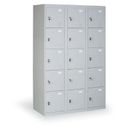 Šatní skříňka s úložnými boxy, 15 boxů, 1820 x 1140 x 500 mm, demont, cylindrický zámek, šedé dveře