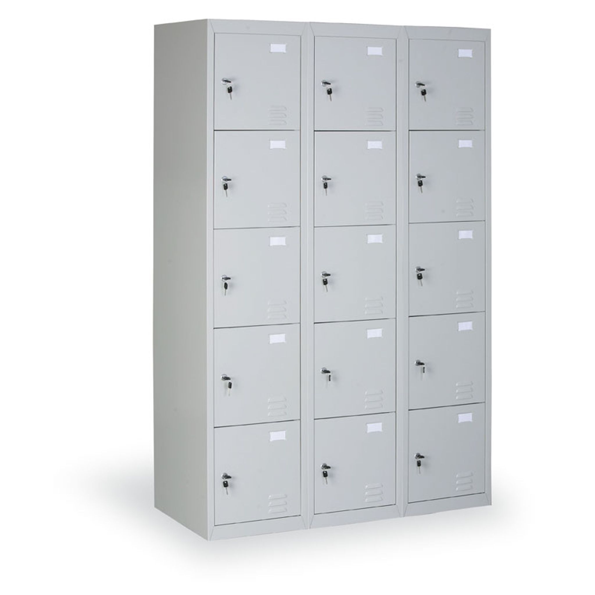 Šatní skříňka s úložnými boxy, 15 boxů, 1820 x 1140 x 500 mm, demont, cylindrický zámek, šedé dveře