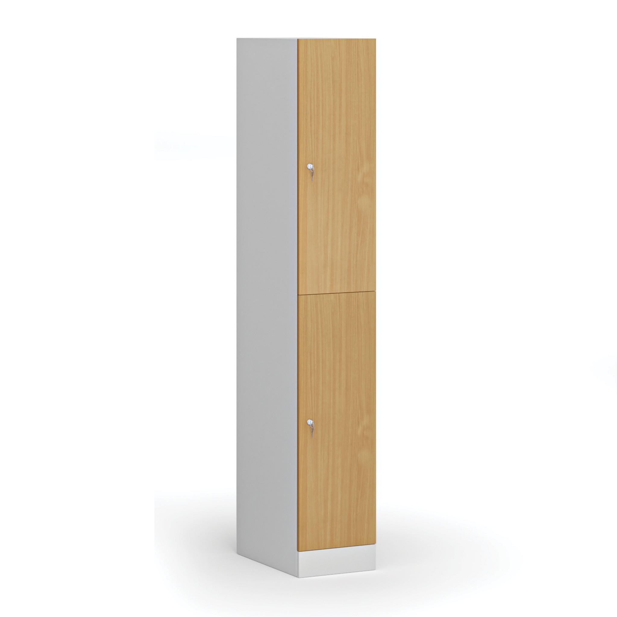 Šatní skříňka s úložnými boxy, 2 boxy, 1850 x 300 x 500 mm, demont, cylindrický zámek, laminované dveře, buk