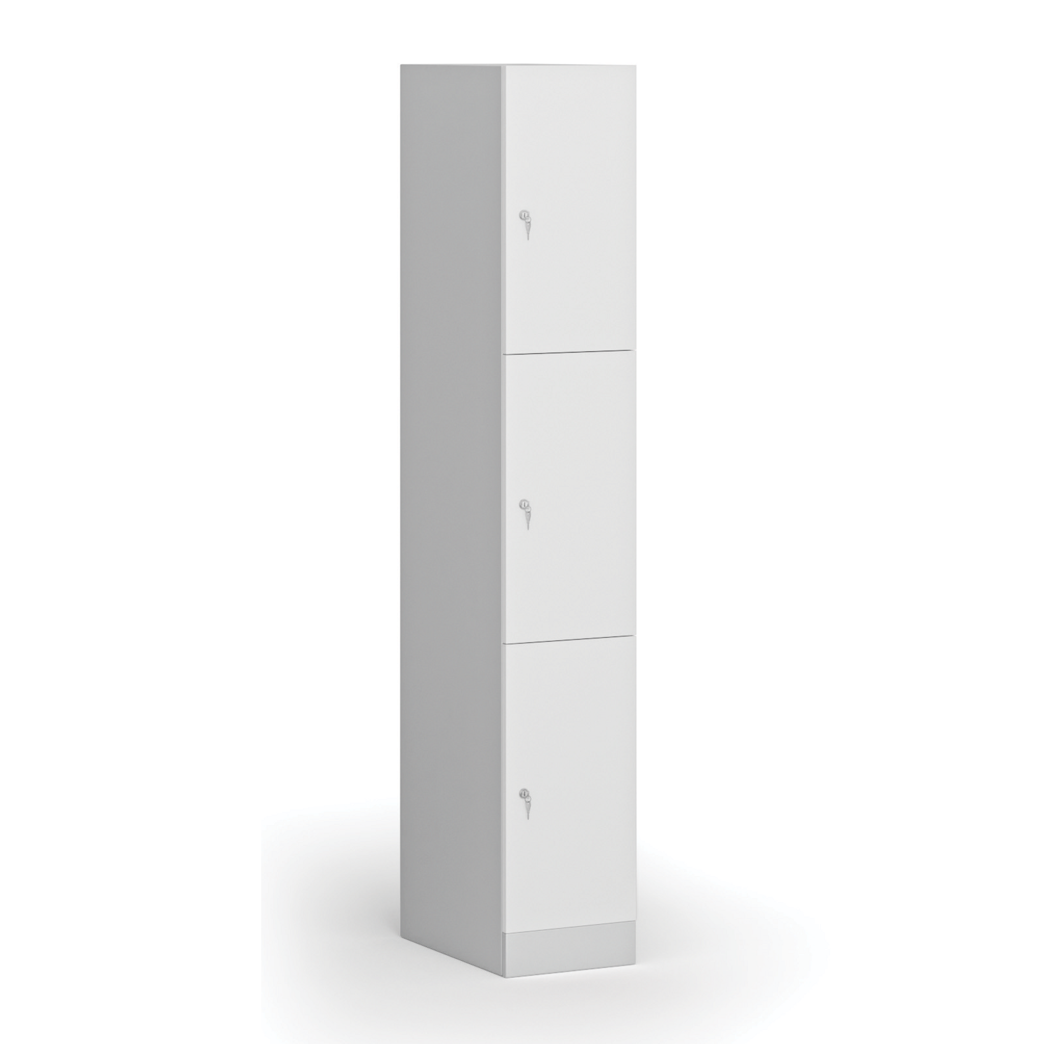 Šatní skříňka s úložnými boxy, 3 boxy, 1850 x 300 x 500 mm, demont, cylindrický zámek, laminované dveře, bílá