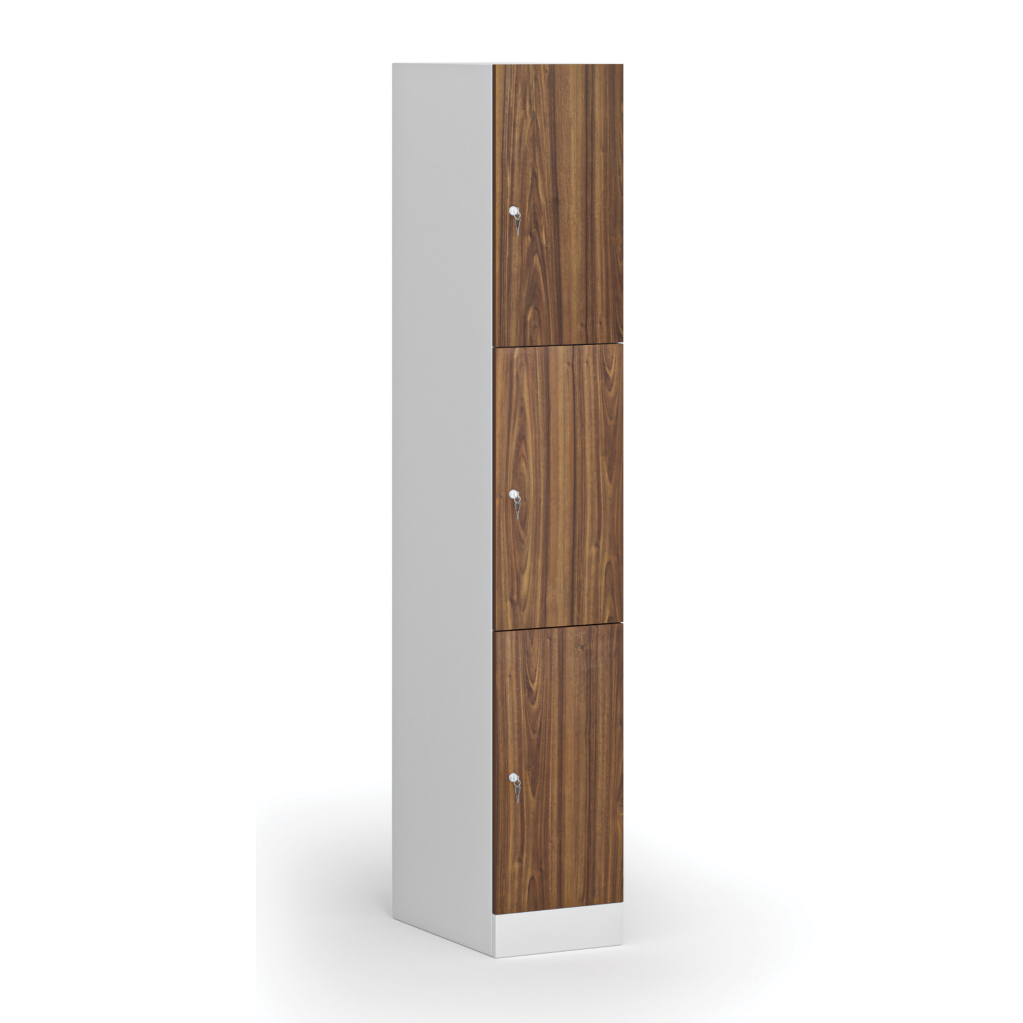Šatní skříňka s úložnými boxy, 3 boxy, 1850 x 300 x 500 mm, demont, cylindrický zámek, laminované dveře, ořech