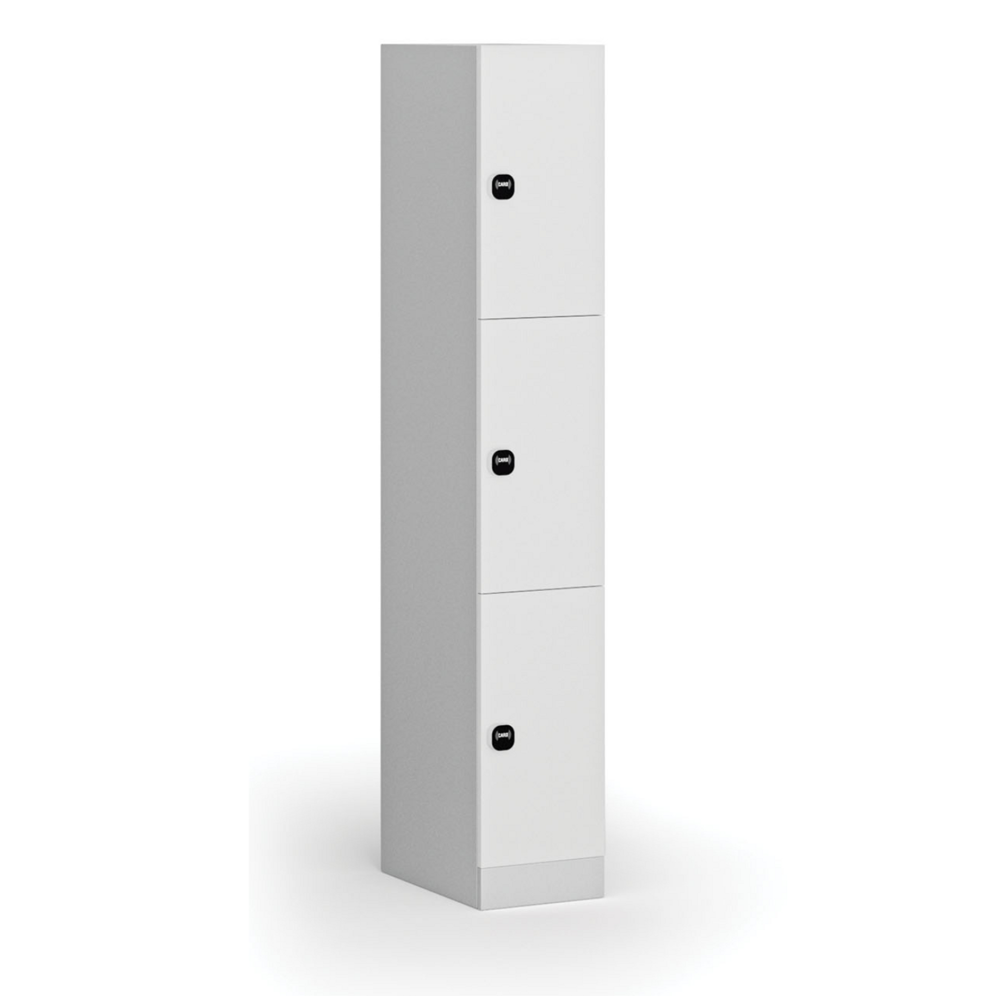 Šatní skříňka s úložnými boxy, 3 boxy, 1850 x 300 x 500 mm, RFID zámek, laminované dveře, bílá