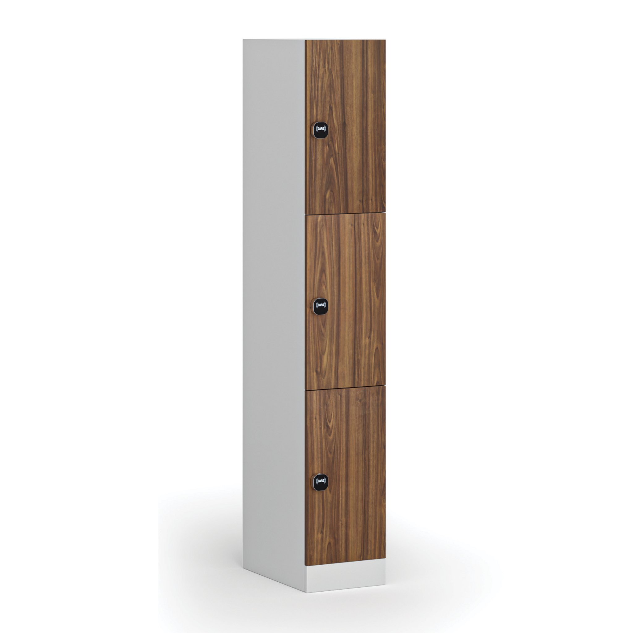 Šatní skříňka s úložnými boxy, 3 boxy, 1850 x 300 x 500 mm, RFID zámek, laminované dveře, ořech