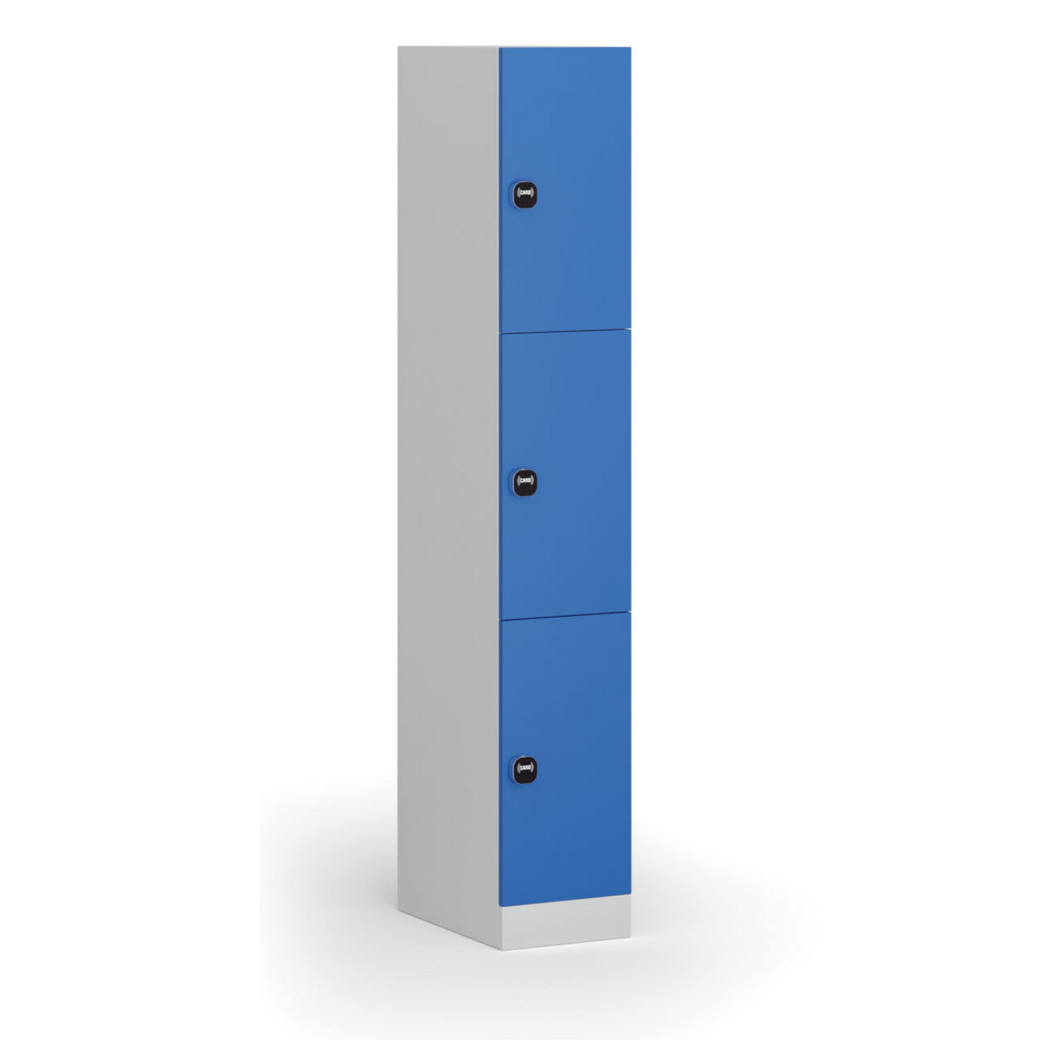 Šatní skříňka s úložnými boxy, 3 boxy, 1850 x 300 x 500 mm, RFID zámek, modré dveře