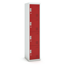Šatní skříňka s úložnými boxy, 4 boxy, 1800 x 380 x 450 mm, demont, cylindrický zámek, červené dveře