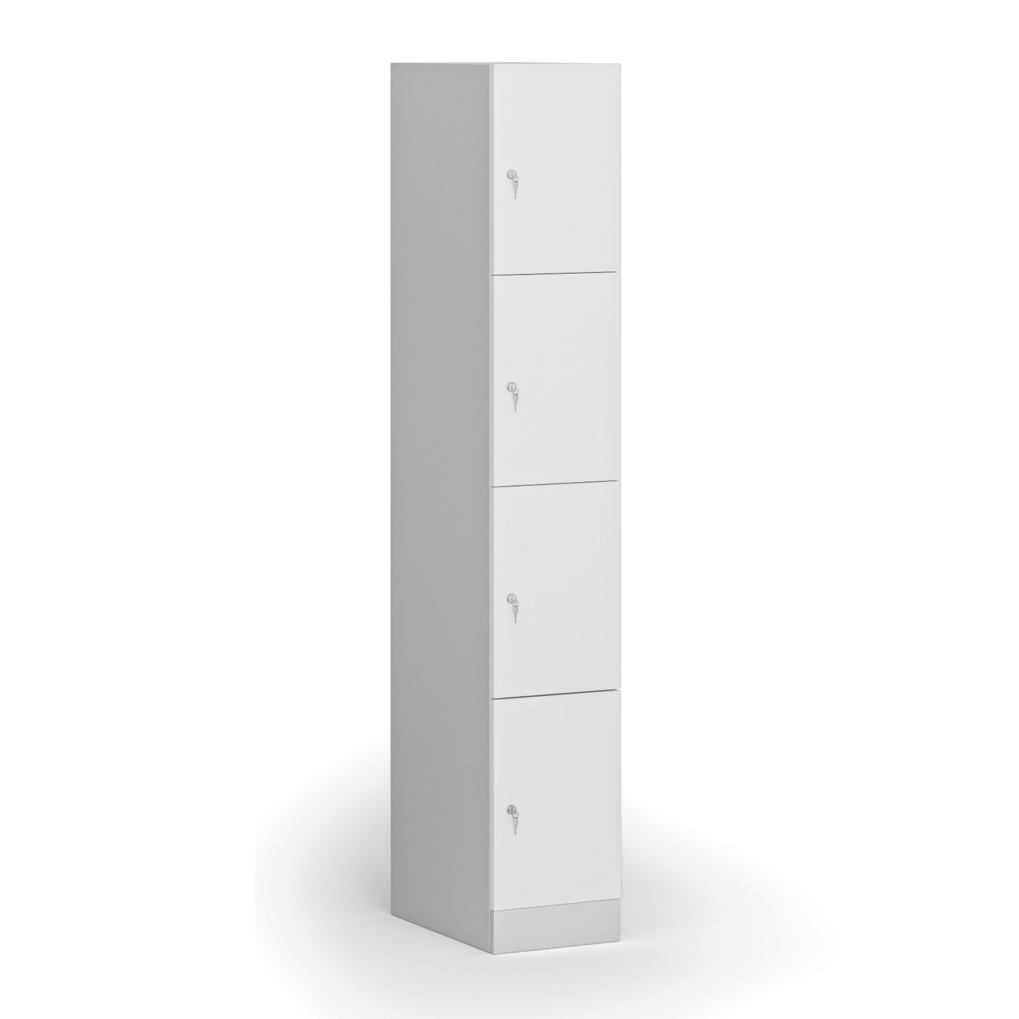 Šatní skříňka s úložnými boxy, 4 boxy, 1850 x 300 x 500 mm, demont, cylindrický zámek, laminované dveře, bílá