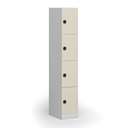 Šatní skříňka s úložnými boxy, 4 boxy, 1850 x 300 x 500 mm, demont, kódový zámek, laminované dveře, bříza