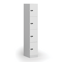 Šatní skříňka s úložnými boxy, 4 boxy, 1850 x 300 x 500 mm, demont, mechanický kódový zámek, laminované dveře, bílá