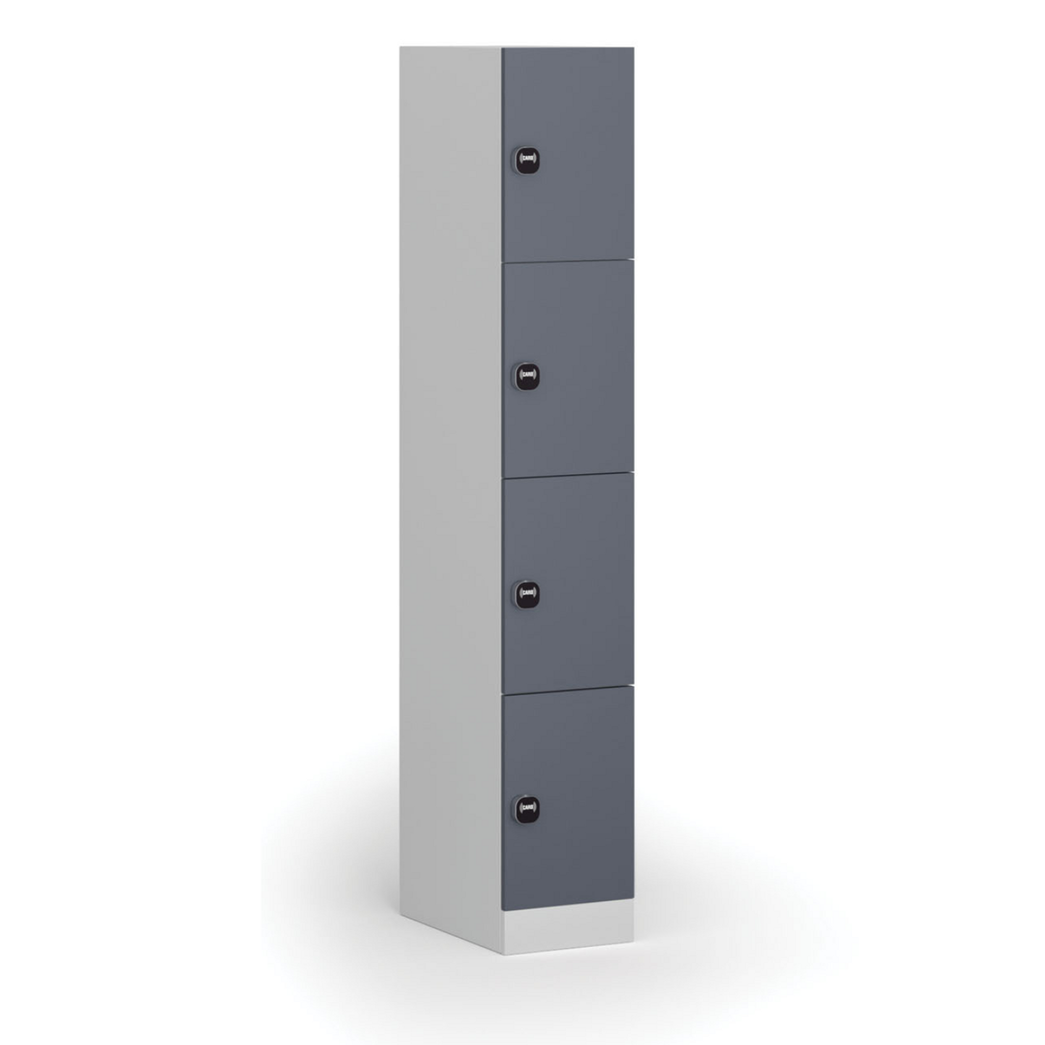 Šatní skříňka s úložnými boxy, 4 boxy, 1850 x 300 x 500 mm, RFID zámek, tmavě šedé dveře