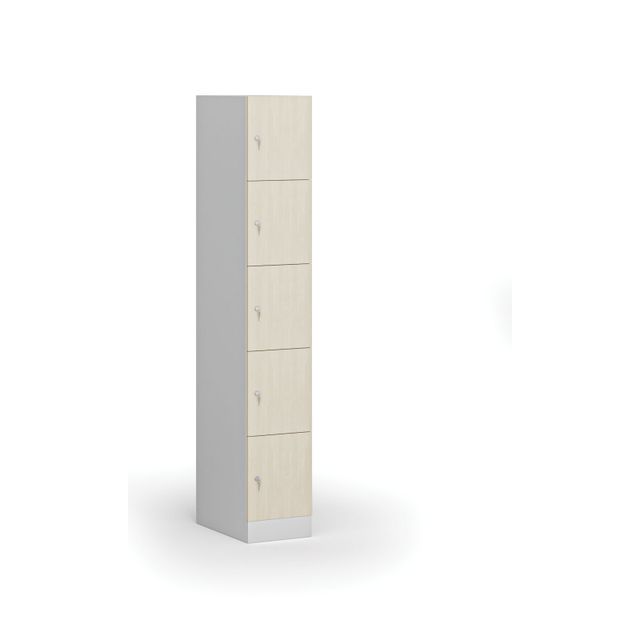 Šatní skříňka s úložnými boxy, 5 boxů, 1850 x 300 x 500 mm, cylindrický zámek, laminované dveře