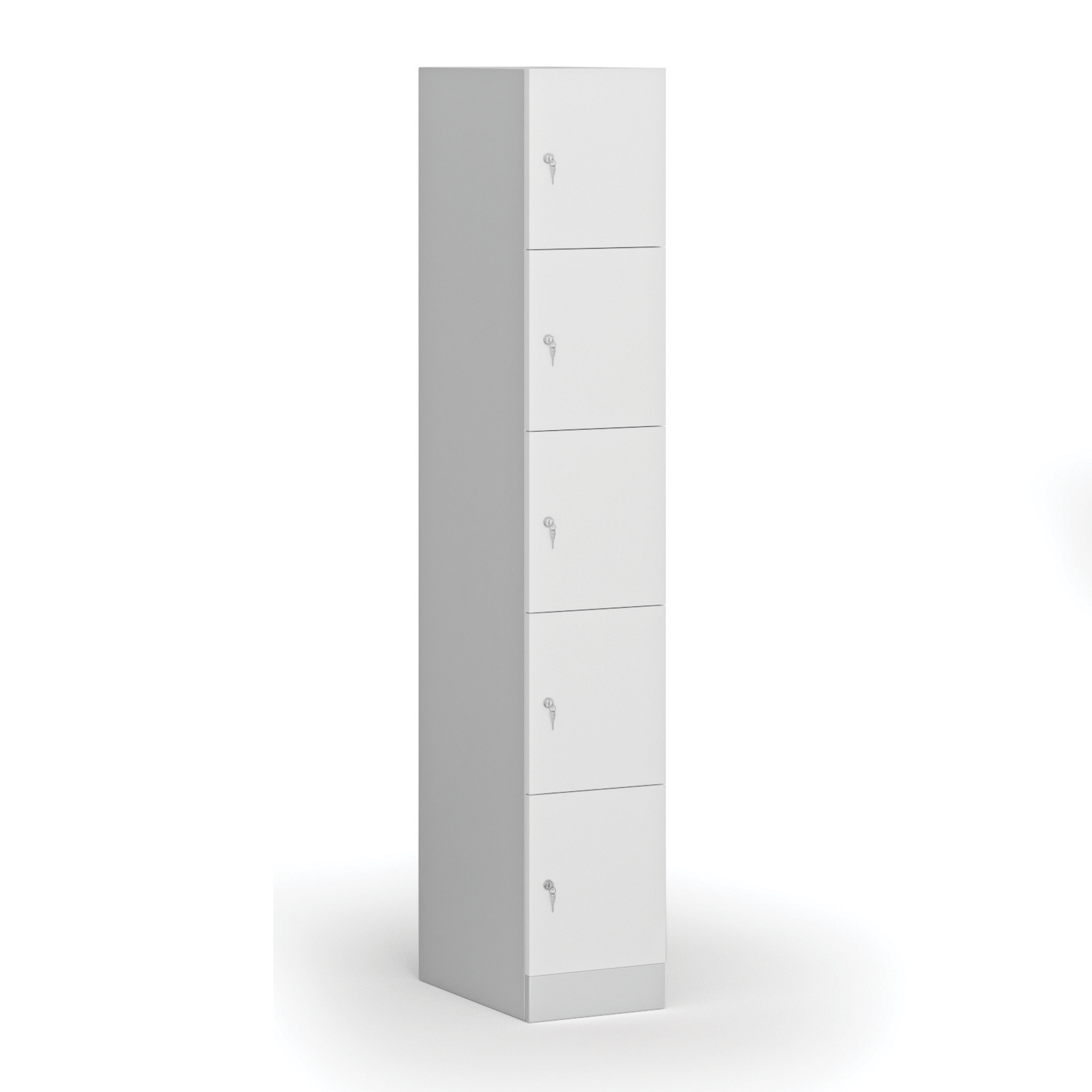 Šatní skříňka s úložnými boxy, 5 boxů, 1850 x 300 x 500 mm, demont, cylindrický zámek, laminované dveře, bílá