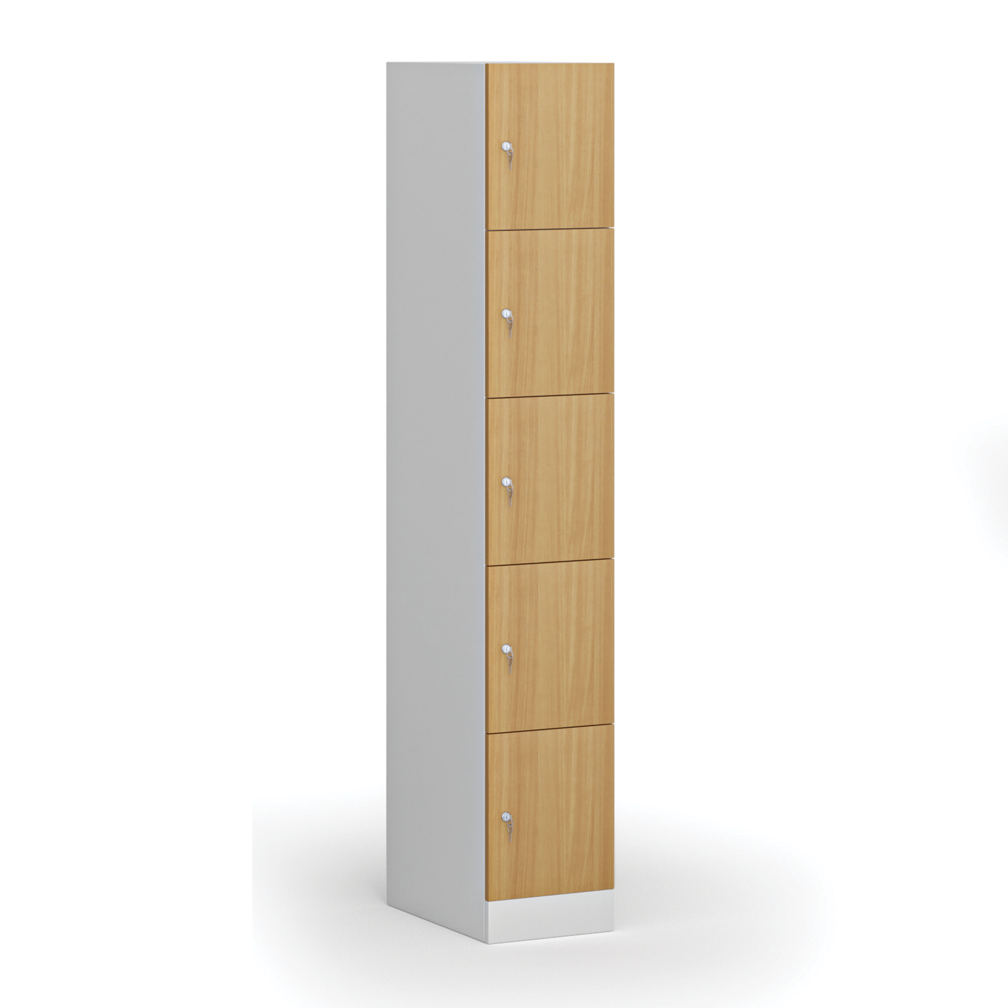 Šatní skříňka s úložnými boxy, 5 boxů, 1850 x 300 x 500 mm, demont, cylindrický zámek, laminované dveře, buk
