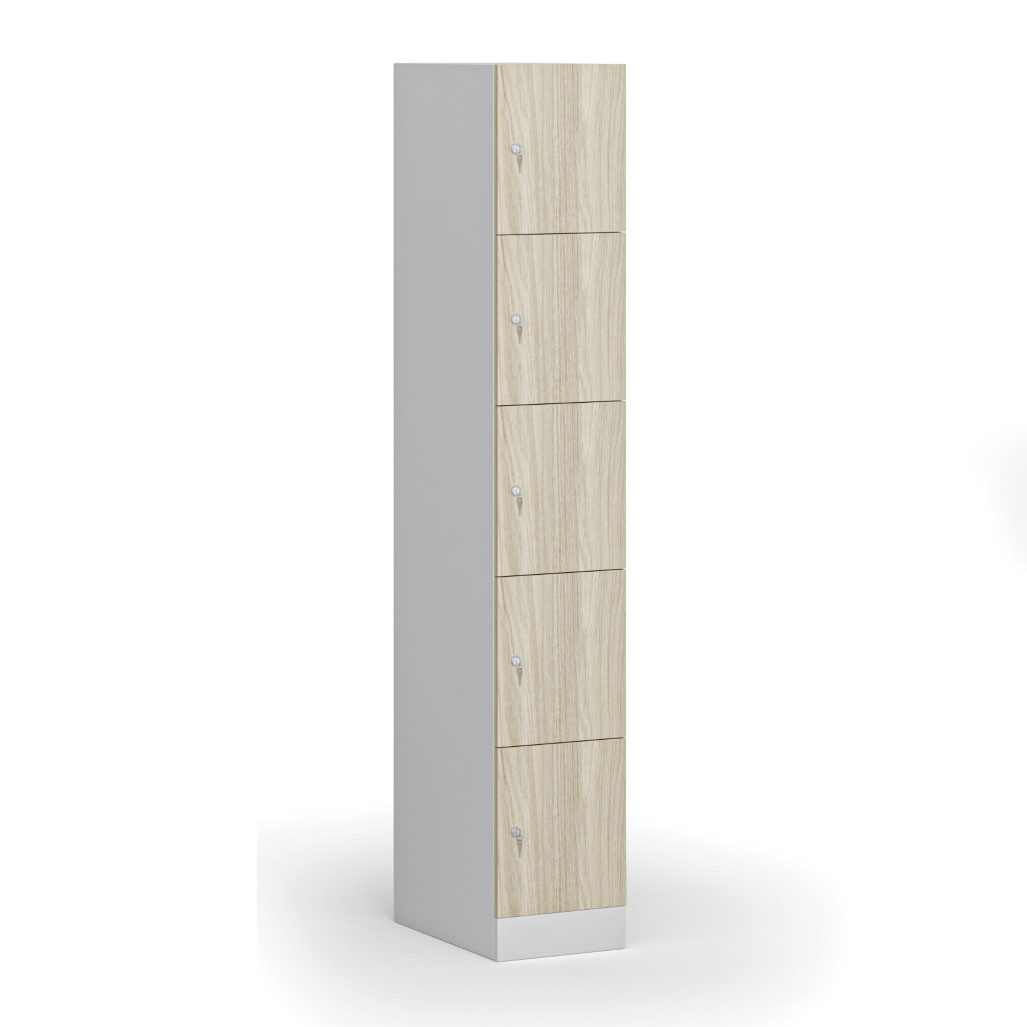 Šatní skříňka s úložnými boxy, 5 boxů, 1850 x 300 x 500 mm, demont, cylindrický zámek, laminované dveře, dub přírodní