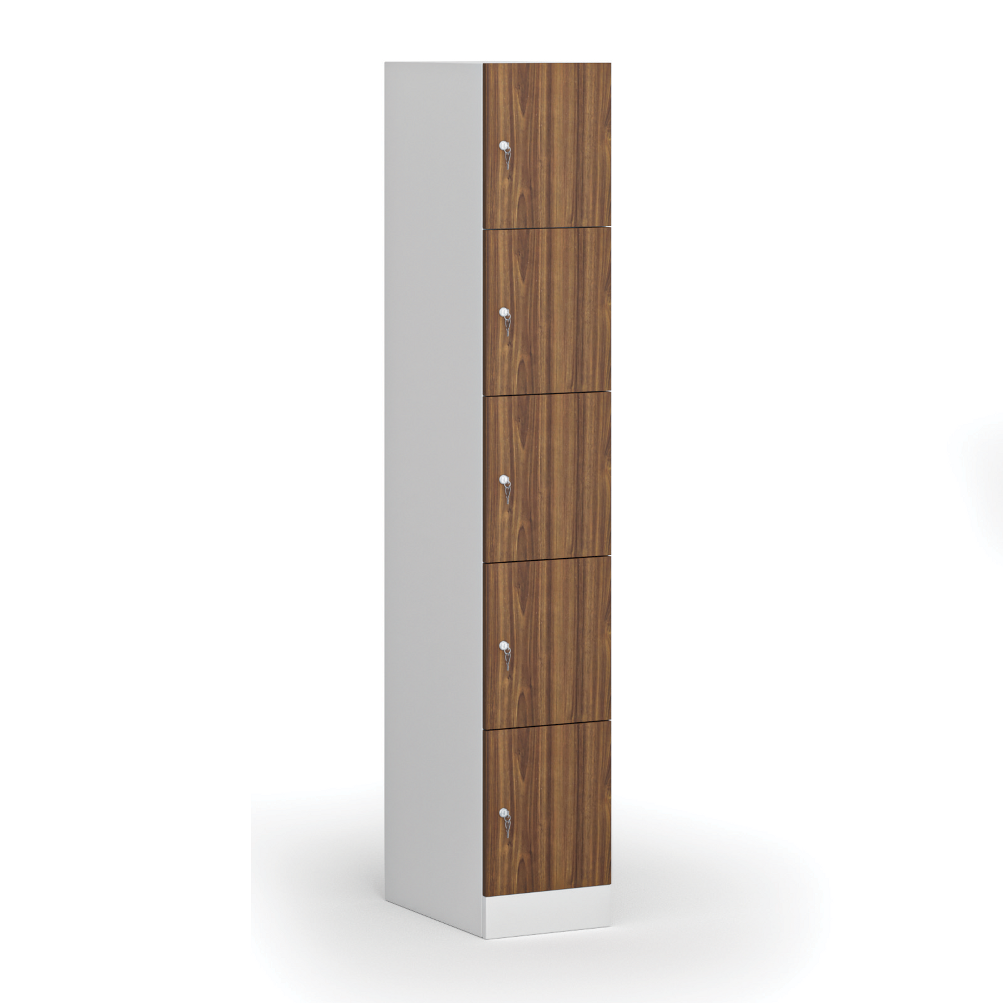Šatní skříňka s úložnými boxy, 5 boxů, 1850 x 300 x 500 mm, demont, cylindrický zámek, laminované dveře, ořech