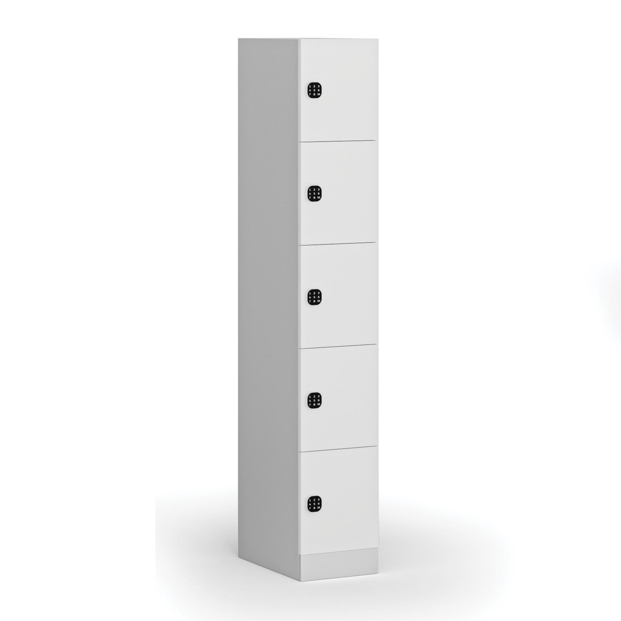 Šatní skříňka s úložnými boxy, 5 boxů, 1850 x 300 x 500 mm, demont, kódový zámek, laminované dveře, bílá