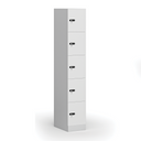 Šatní skříňka s úložnými boxy, 5 boxů, 1850 x 300 x 500 mm, demont, mechanický kódový zámek, laminované dveře, bílá