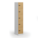 Šatní skříňka s úložnými boxy, 5 boxů, 1850 x 300 x 500 mm, demont, mechanický kódový zámek, laminované dveře, buk