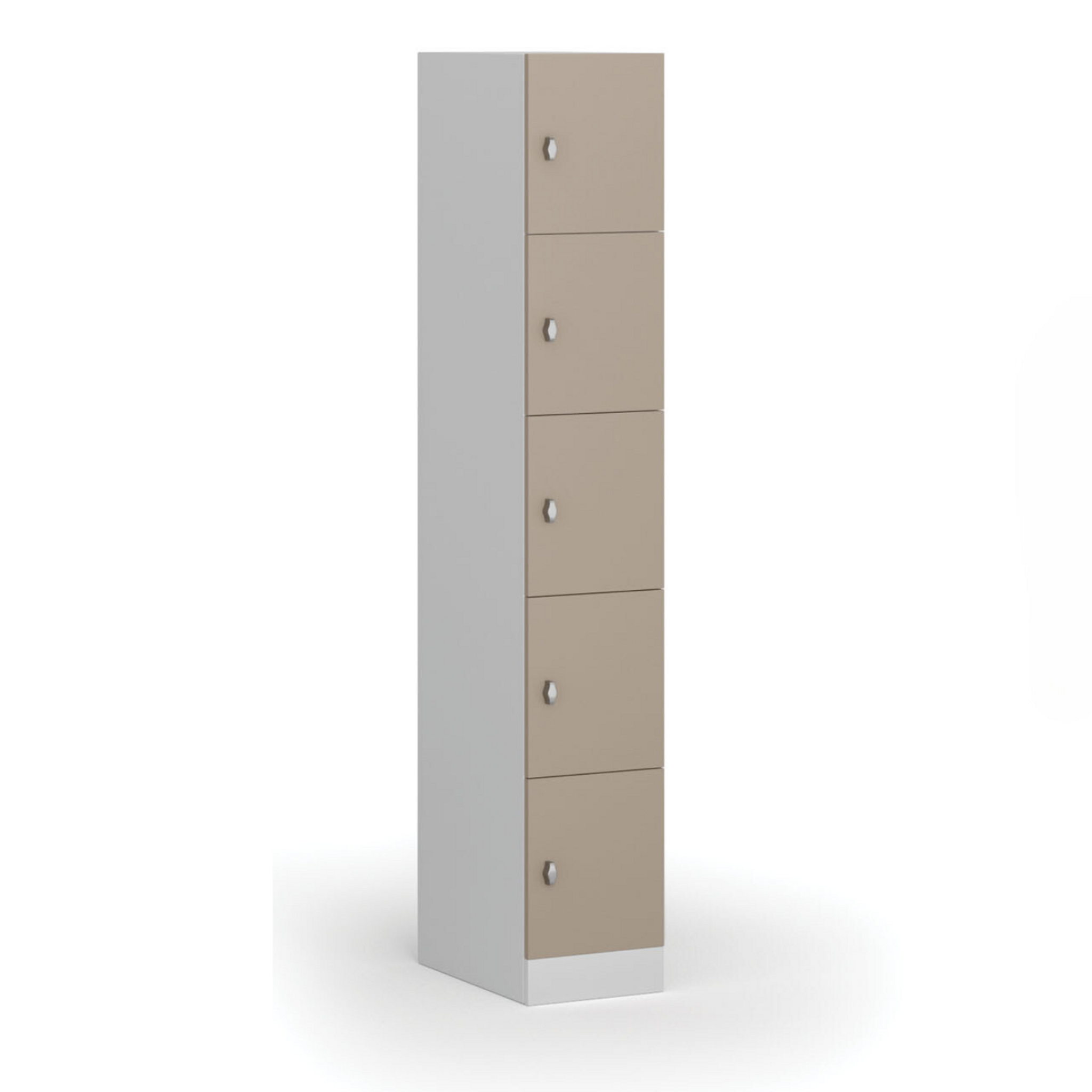 Šatní skříňka s úložnými boxy, 5 boxů, 1850 x 300 x 500 mm, demont, otočný zámek, béžové dveře