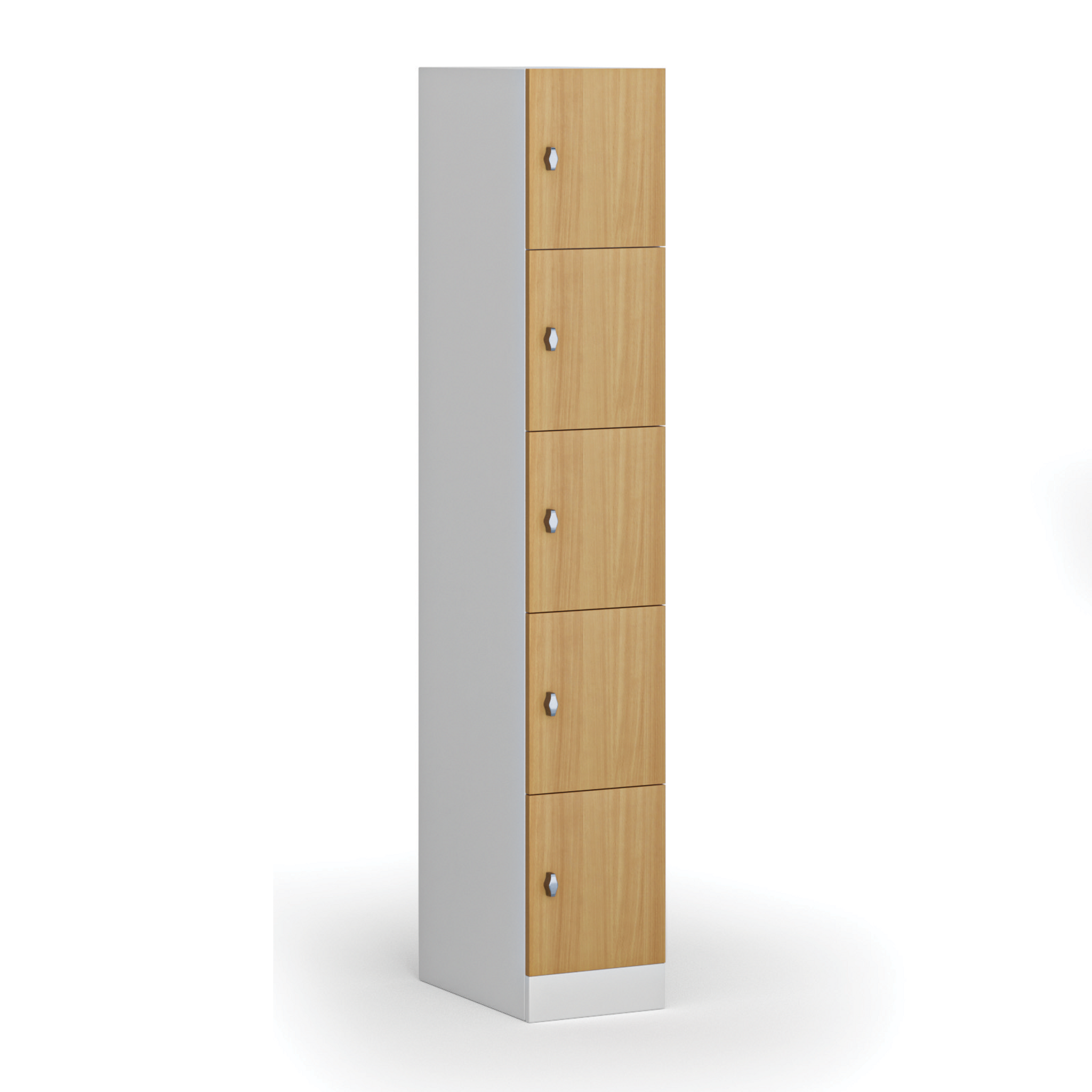Šatní skříňka s úložnými boxy, 5 boxů, 1850 x 300 x 500 mm, demont, otočný zámek, laminované dveře, buk