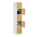 Šatní skříňka s úložnými boxy, 5 boxů, 1850 x 300 x 500 mm, demont, RFID zámek, laminované dveře, bříza