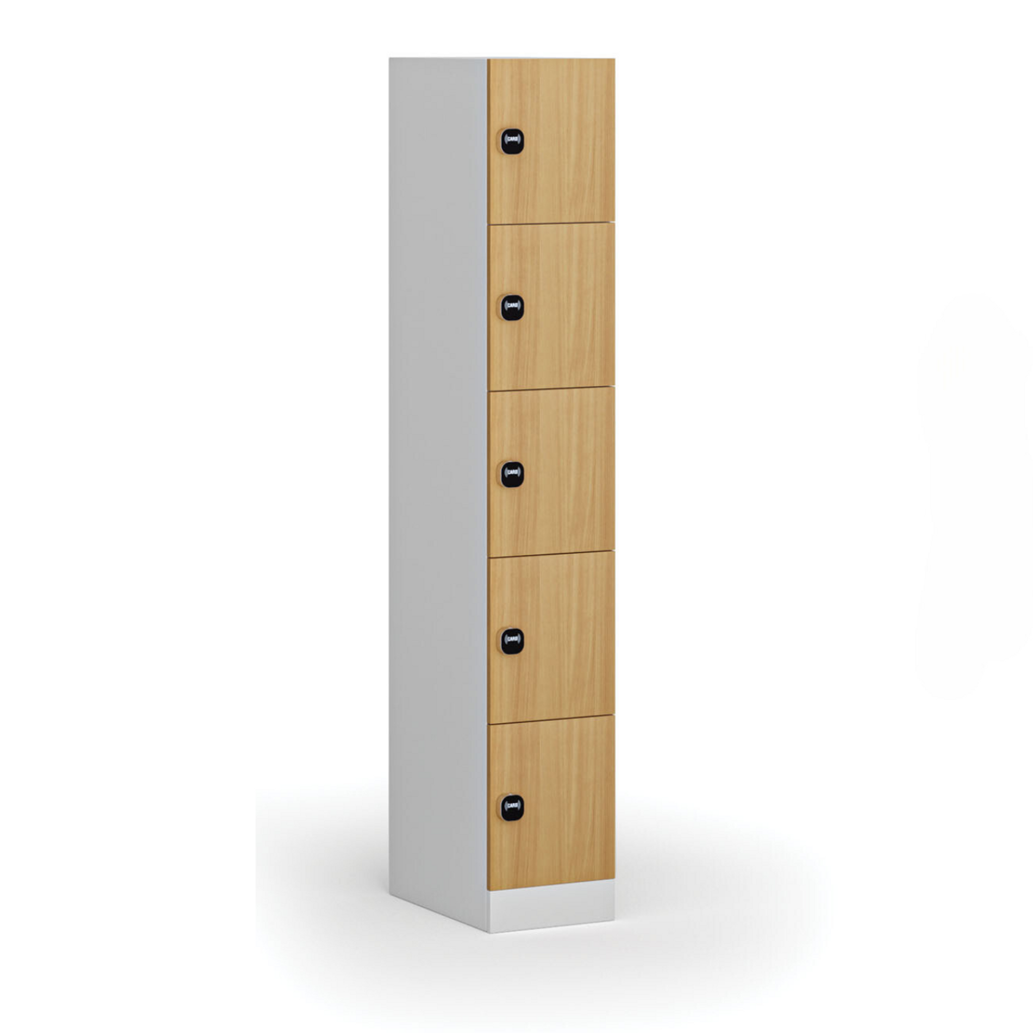 Šatní skříňka s úložnými boxy, 5 boxů, 1850 x 300 x 500 mm, demont, RFID zámek, laminované dveře, buk