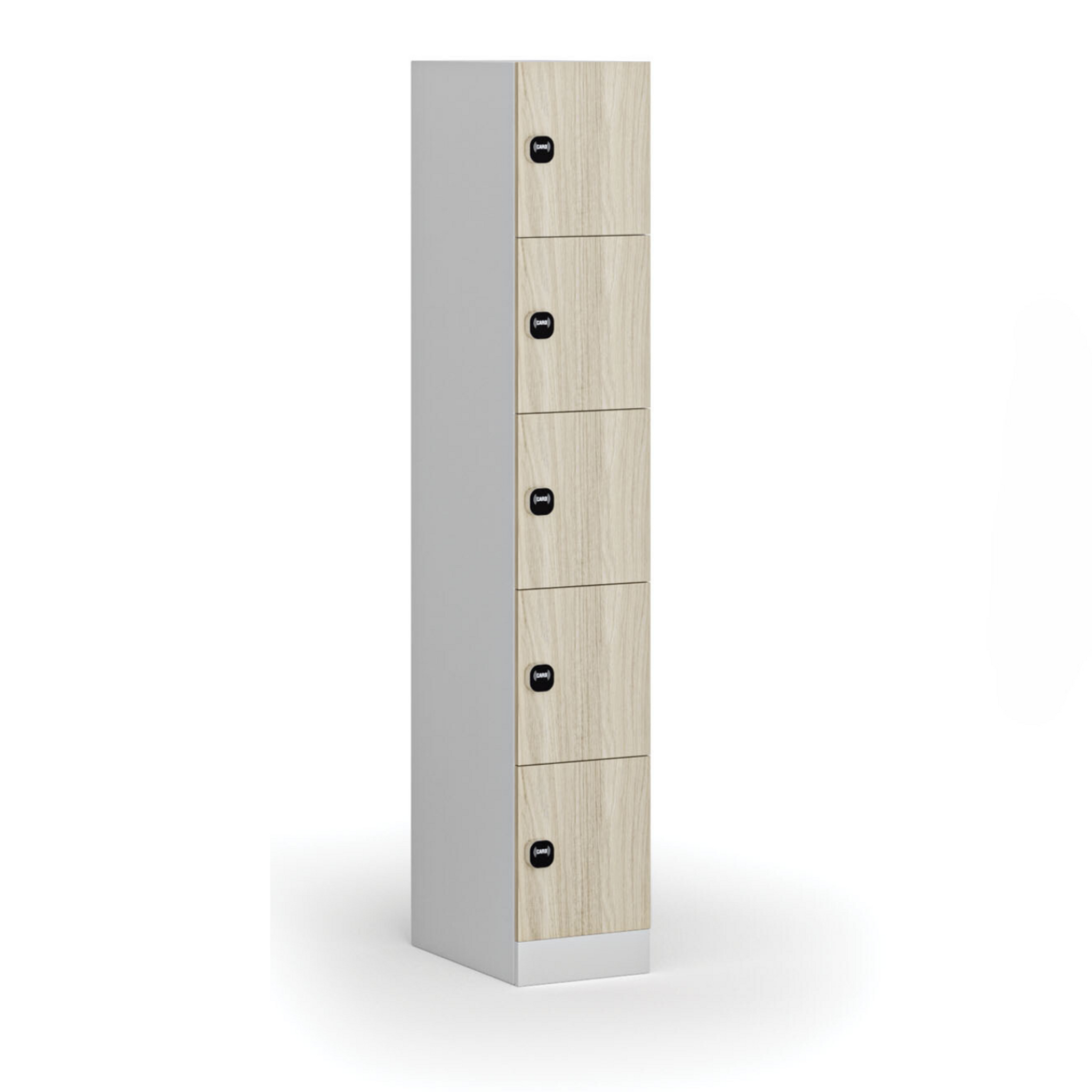 Šatní skříňka s úložnými boxy, 5 boxů, 1850 x 300 x 500 mm, demont, RFID zámek, laminované dveře, dub přírodní