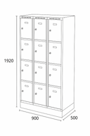Šatní skříňka s úložnými boxy na soklu, 12 boxů, 1920 x 900 x 500 mm, cylindrický zámek, modré dveře