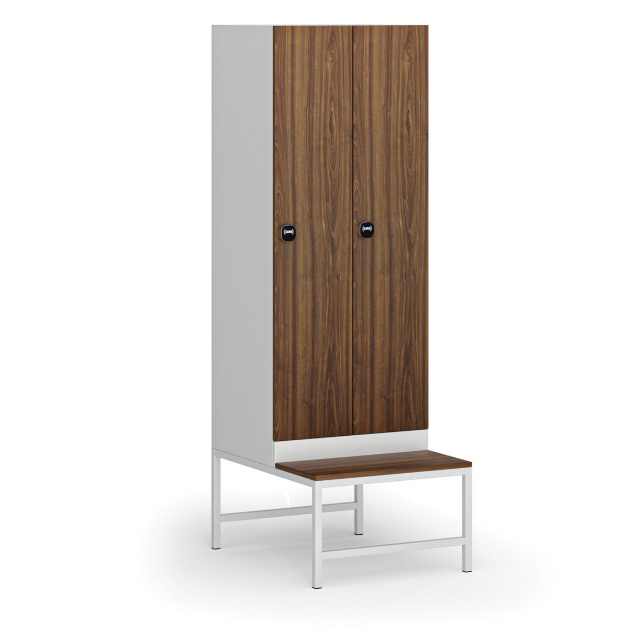 Šatní skříňka S1 s lavičkou, 2 oddíly, 1875 x 600 x 500/800 mm, RFID zámek, laminované dveře, ořech