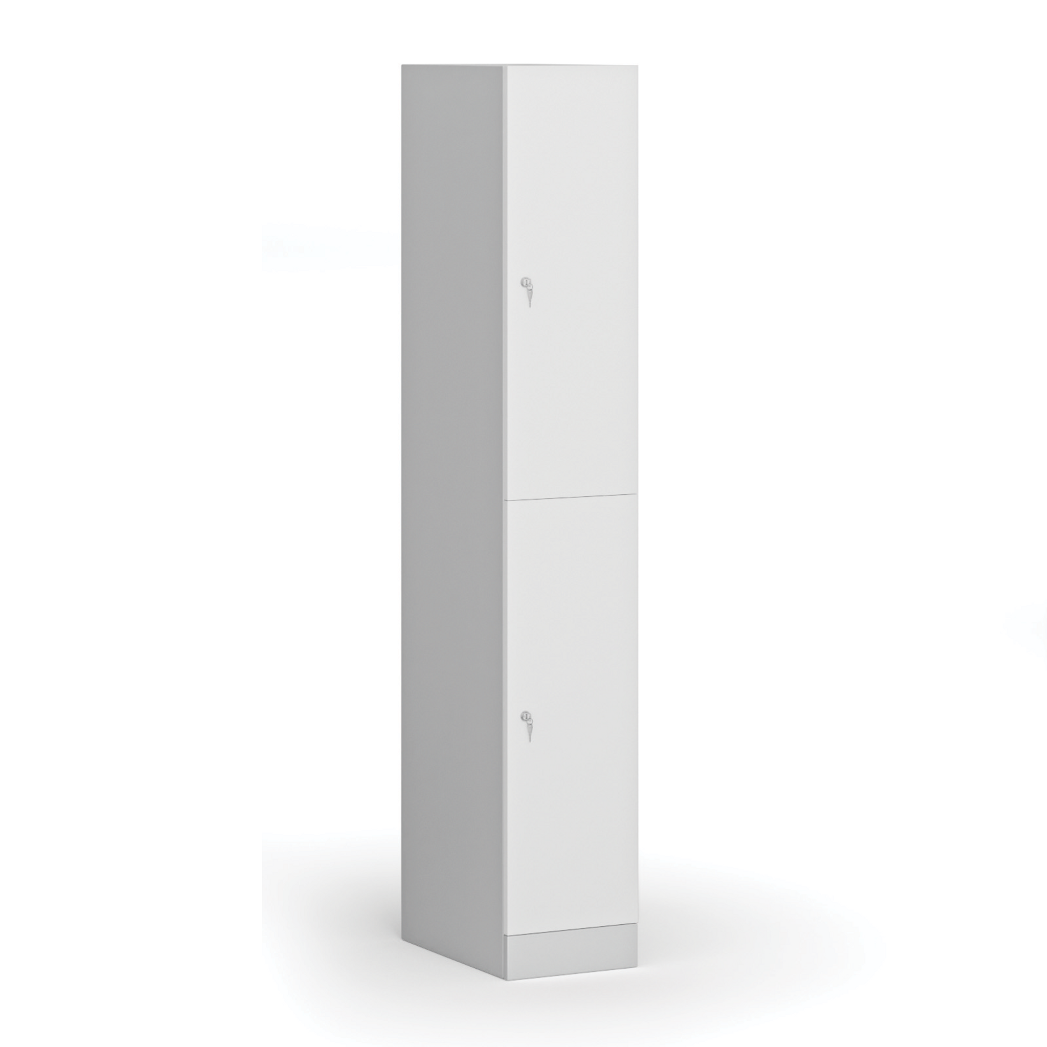 Šatní skříňka S1 s úložnými boxy, 2 boxy, 1850 x 300 x 500 mm, cylindrický zámek, laminované dveře, bílá