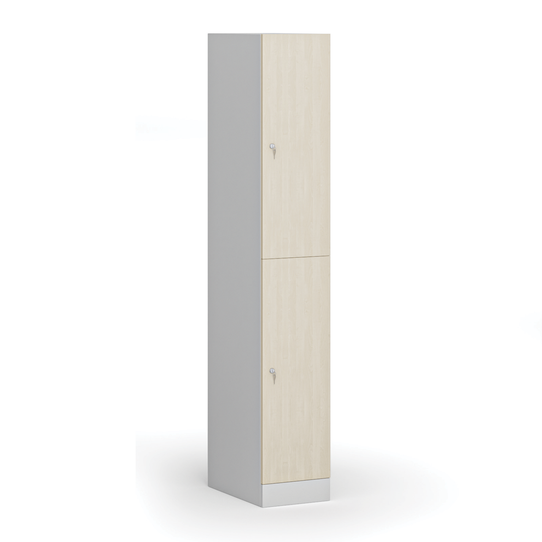 Šatní skříňka S1 s úložnými boxy, 2 boxy, 1850 x 300 x 500 mm, cylindrický zámek, laminované dveře, bříza