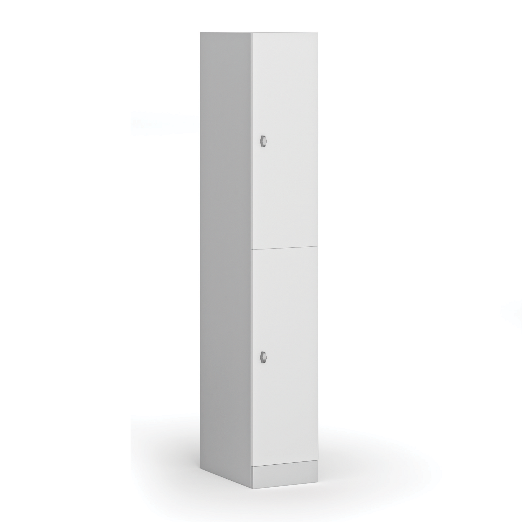 Šatní skříňka S1 s úložnými boxy, 2 boxy, 1850 x 300 x 500 mm, demont, otočný zámek, laminované dveře, bílá