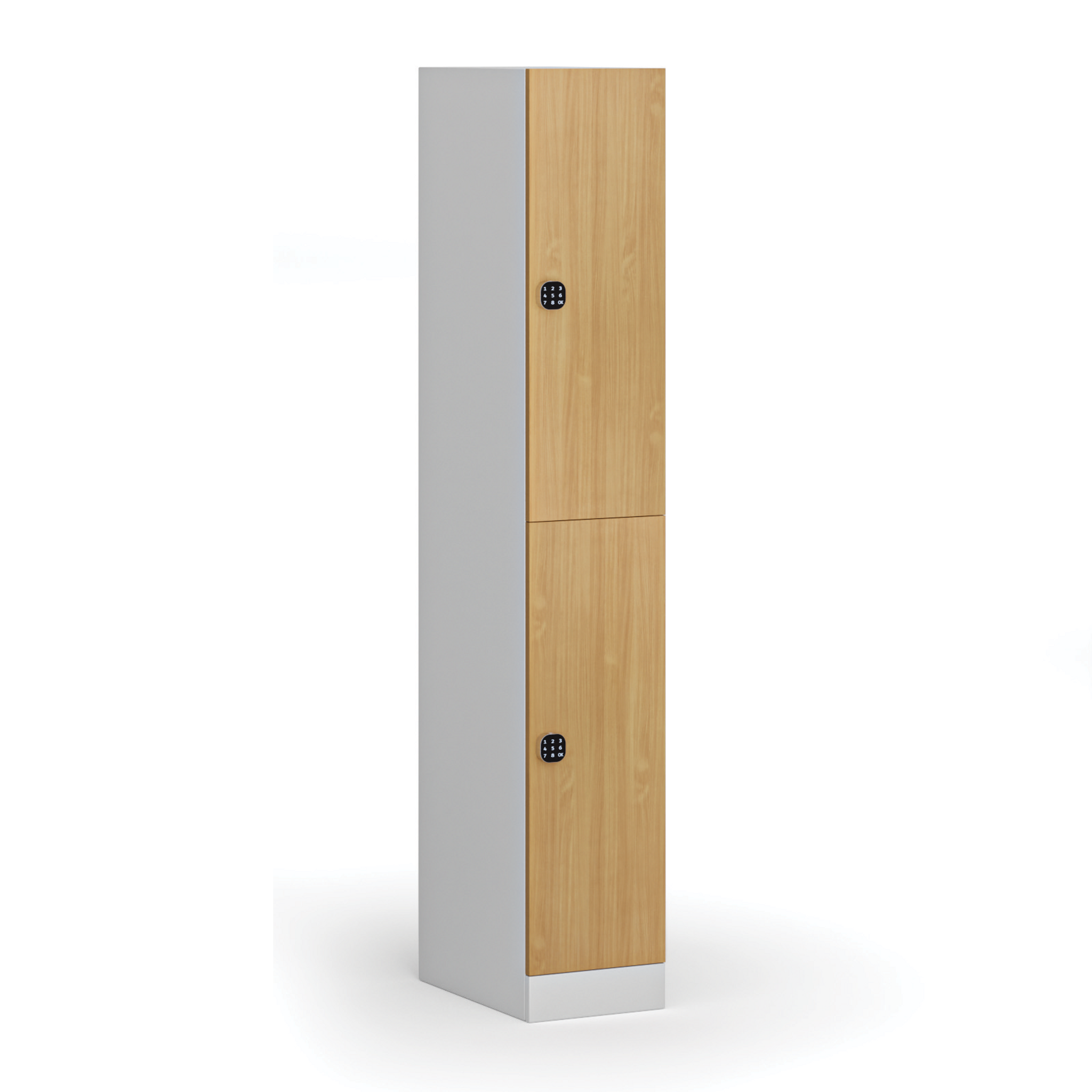 Šatní skříňka S1 s úložnými boxy, 2 boxy, 1850 x 300 x 500 mm, kódový zámek, laminované dveře, buk