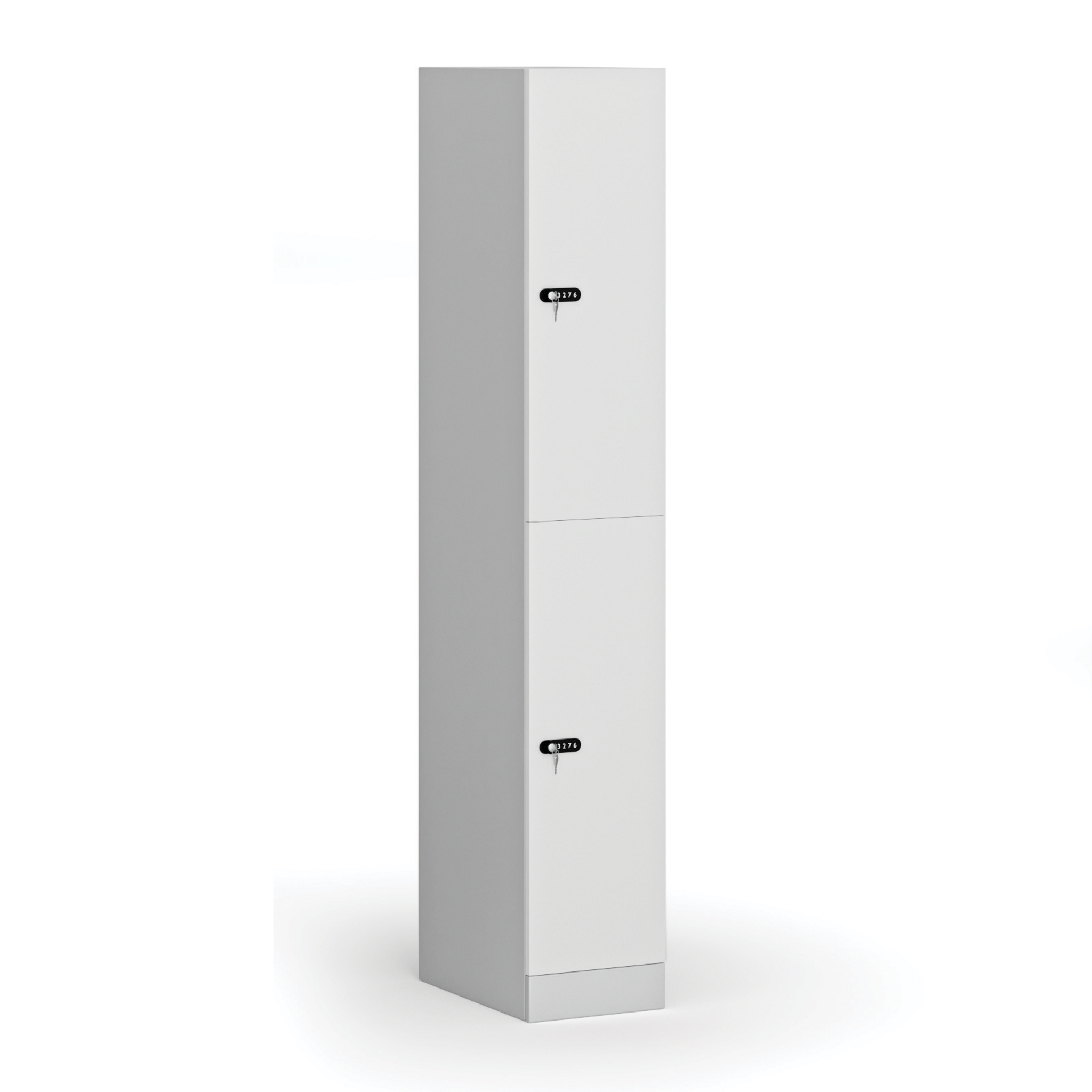 Šatní skříňka S1 s úložnými boxy, 2 boxy, 1850 x 300 x 500 mm, mechanický kódový zámek, laminované dveře, bílá