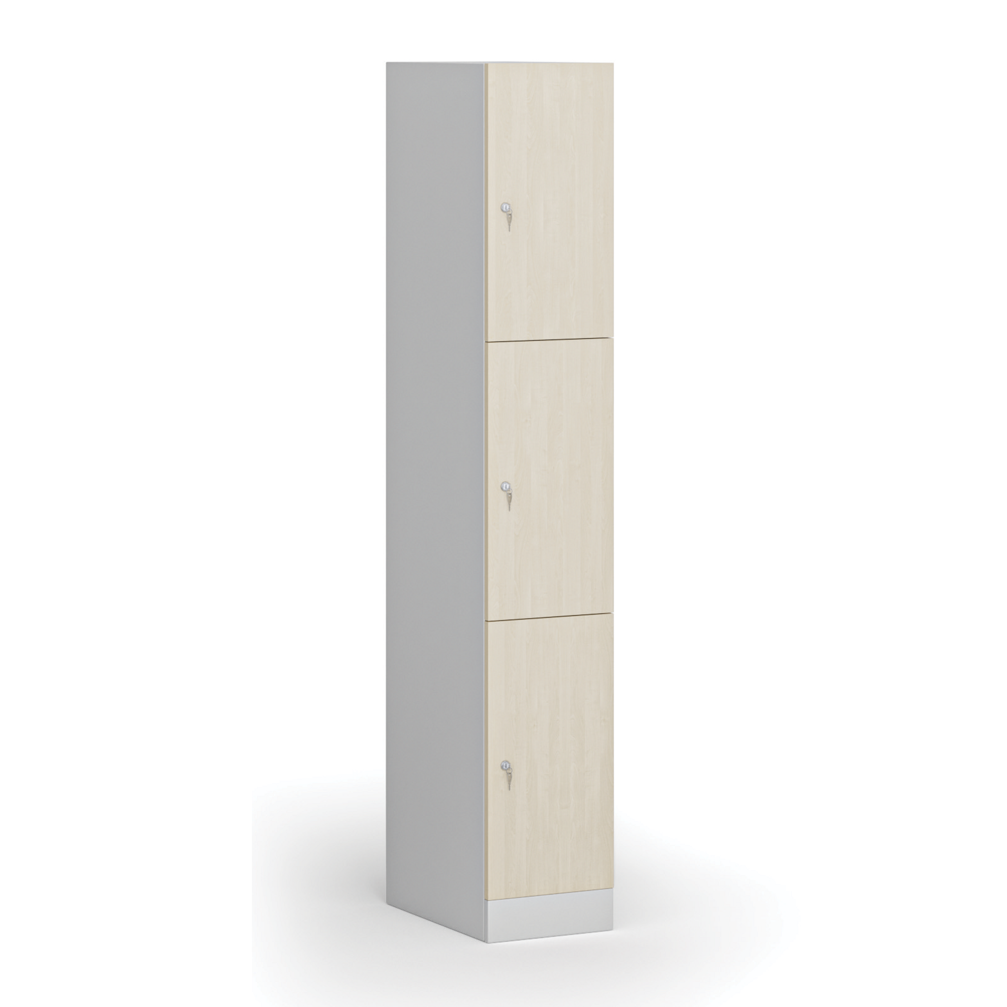 Šatní skříňka S1 s úložnými boxy, 3 boxy, 1850 x 300 x 500 mm, cylindrický zámek, laminované dveře, bříza