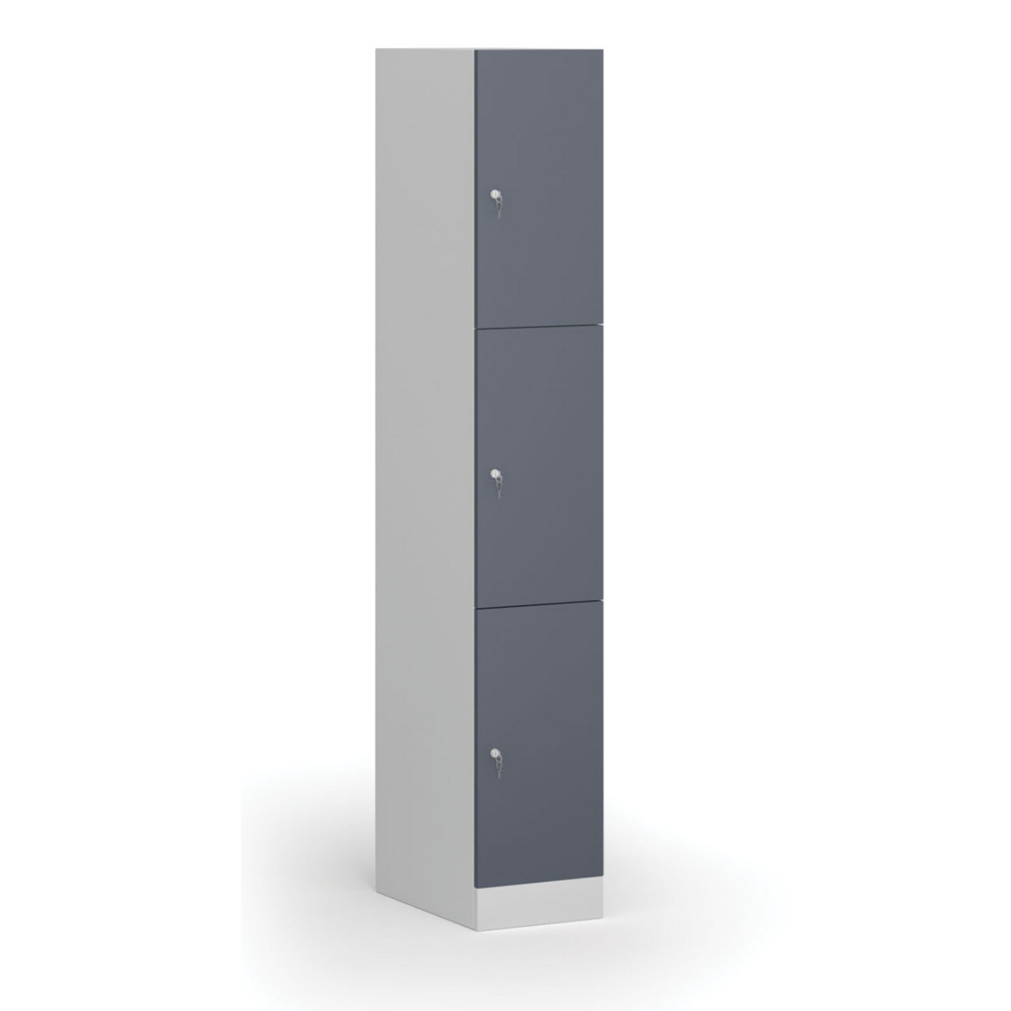 Šatní skříňka S1 s úložnými boxy, 3 boxy, 1850 x 300 x 500 mm, cylindrický zámek, tmavě šedé dveře