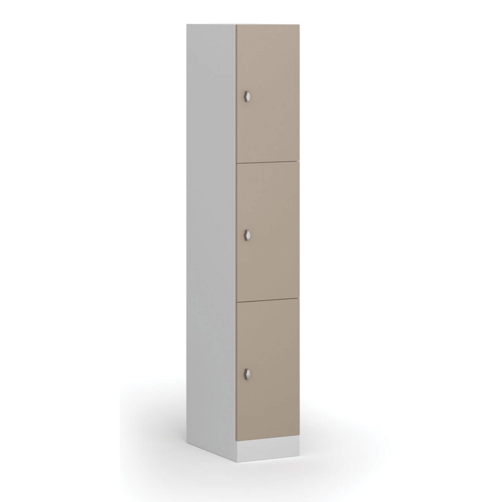 Šatní skříňka S1 s úložnými boxy, 3 boxy, 1850 x 300 x 500 mm, demont, otočný zámek, béžové dveře