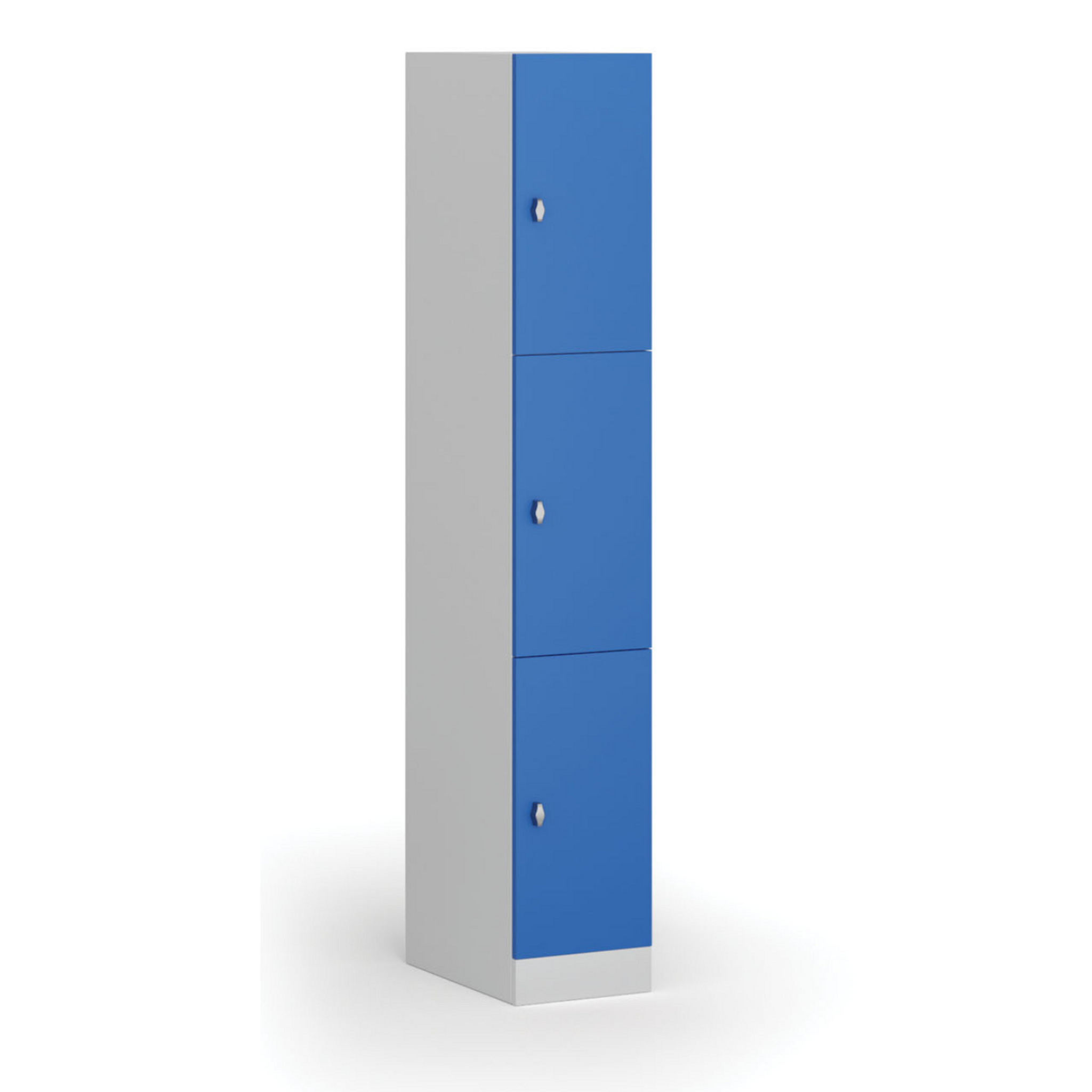 Šatní skříňka S1 s úložnými boxy, 3 boxy, 1850 x 300 x 500 mm, demont, otočný zámek, modré dveře