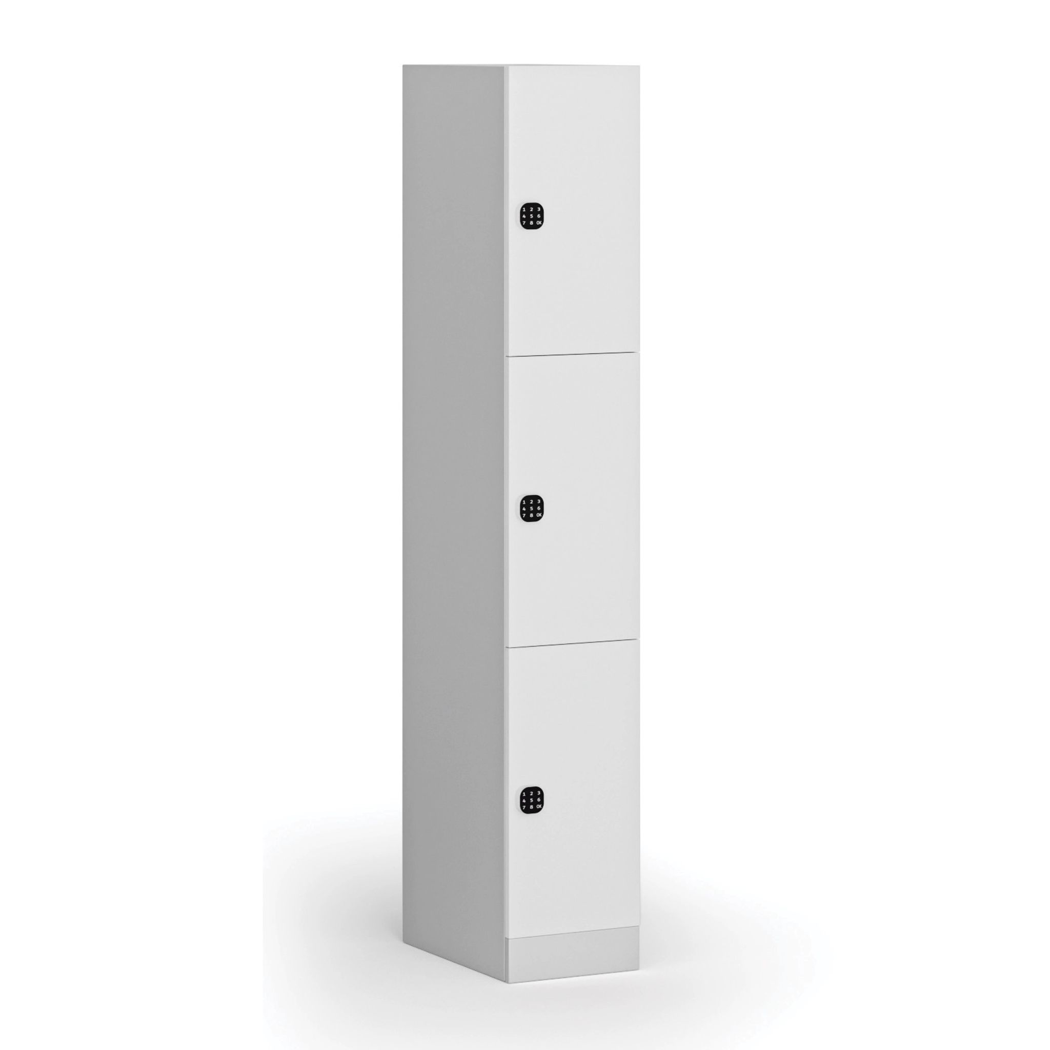 Šatní skříňka S1 s úložnými boxy, 3 boxy, 1850 x 300 x 500 mm, kódový zámek, laminované dveře, bílá