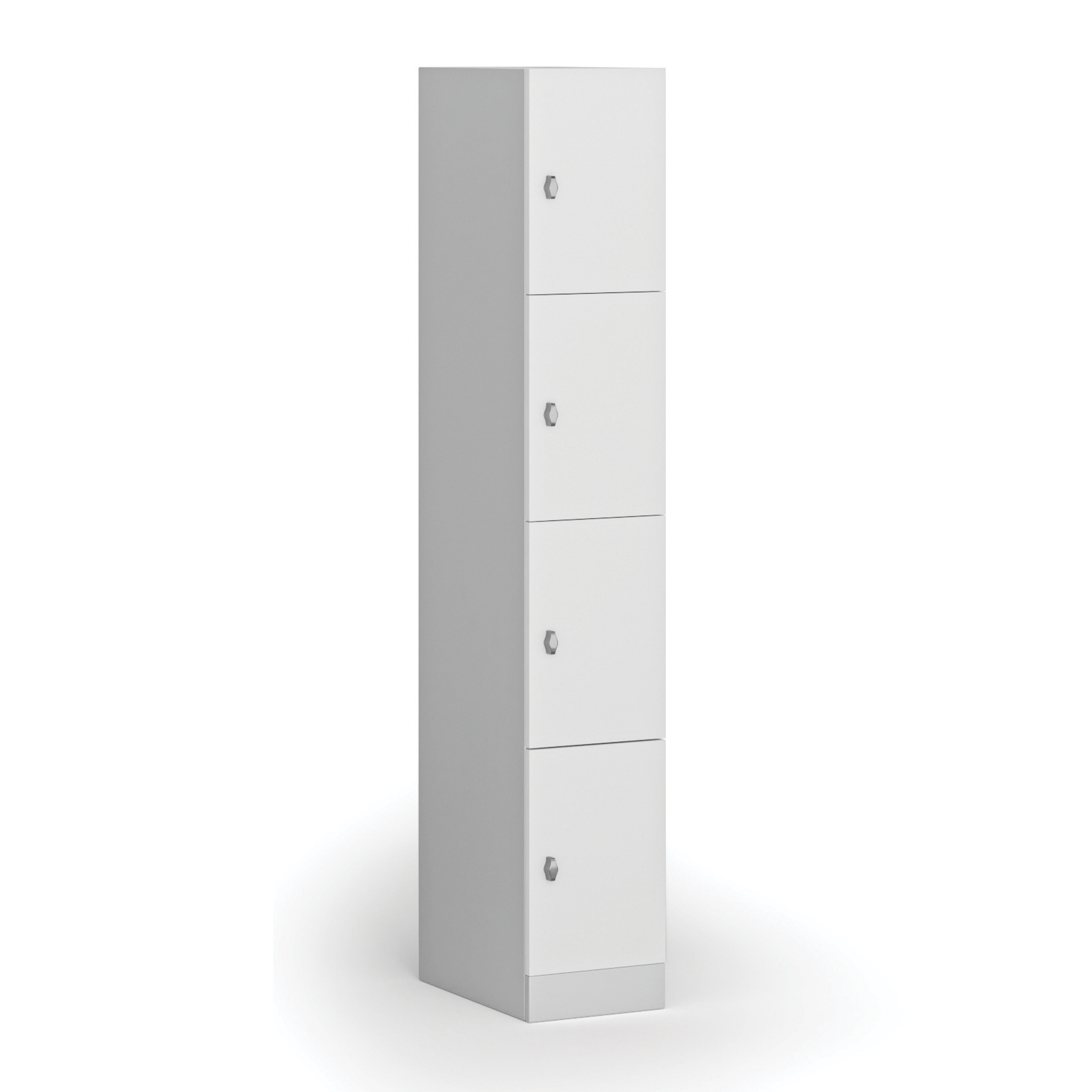 Šatní skříňka S1 s úložnými boxy, 4 boxy, 1850 x 300 x 500 mm, demont, otočný zámek, laminované dveře, bílá
