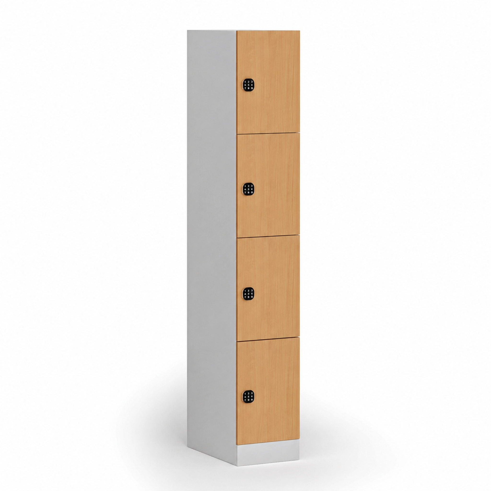 Šatní skříňka S1 s úložnými boxy, 4 boxy, 1850 x 300 x 500 mm, kódový zámek, laminované dveře, buk