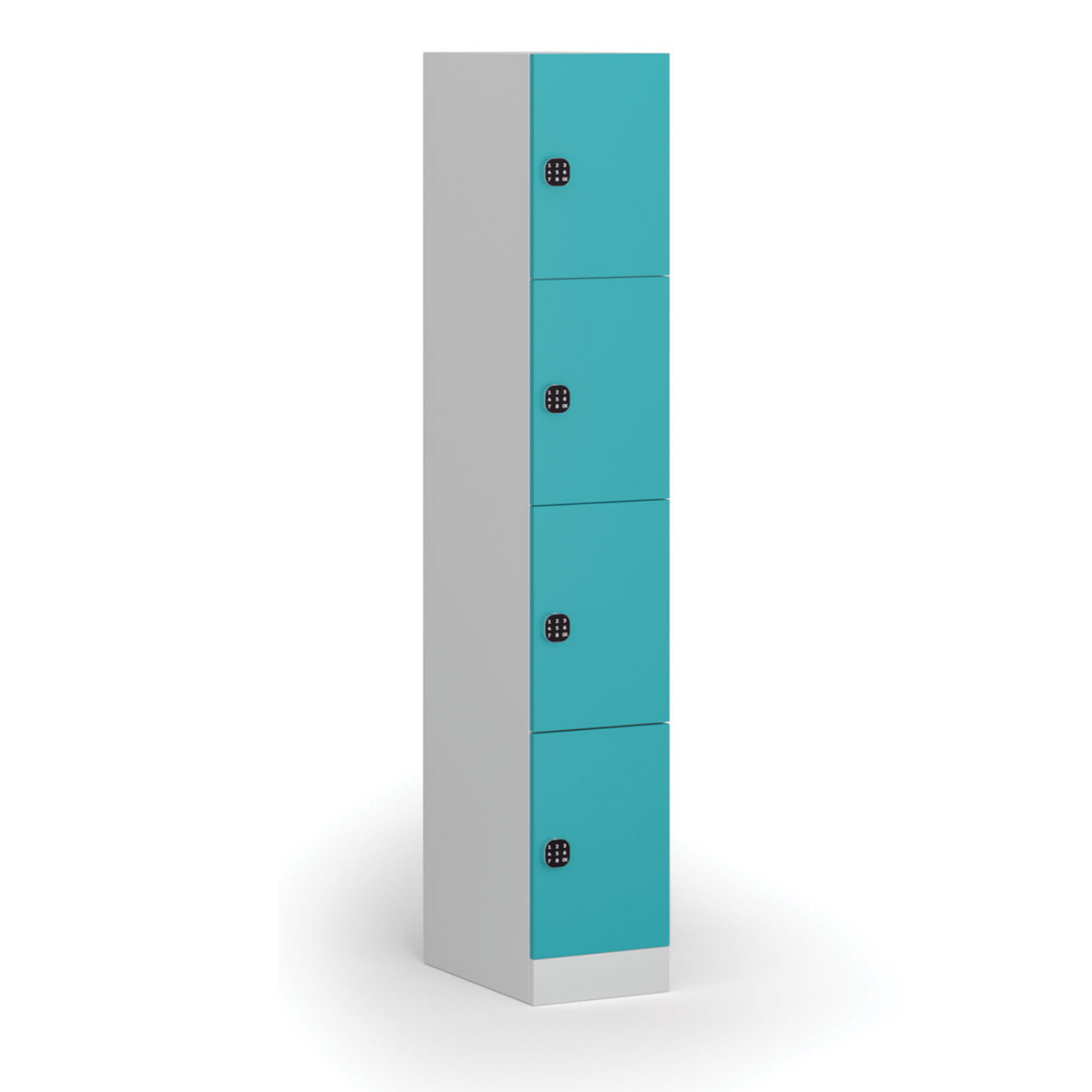 Šatní skříňka S1 s úložnými boxy, 4 boxy, 1850 x 300 x 500 mm, kódový zámek, zelené dveře