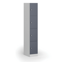 Šatní skříňka S1 s úložnými boxy, 4 boxy, 1850 x 300 x 500 mm, otočný zámek, tmavě šedé dveře