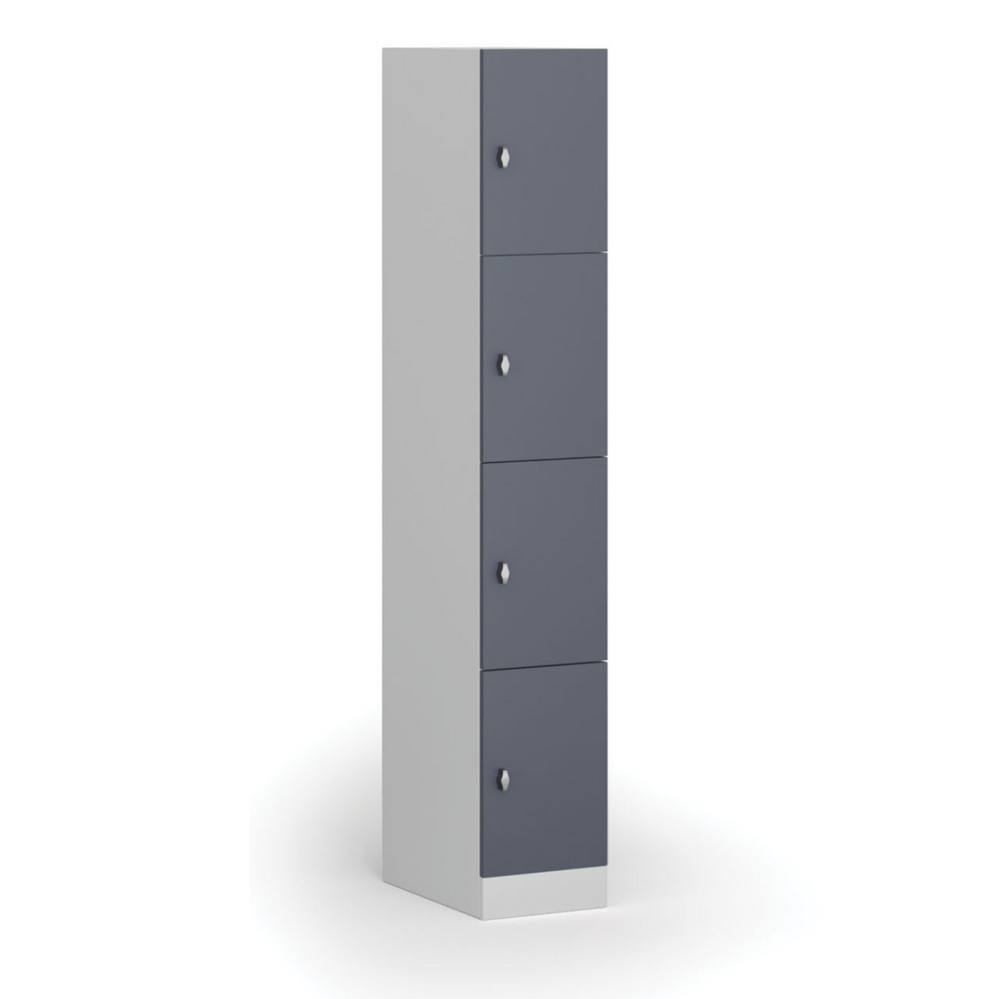 Šatní skříňka S1 s úložnými boxy, 4 boxy, 1850 x 300 x 500 mm, otočný zámek, tmavě šedé dveře