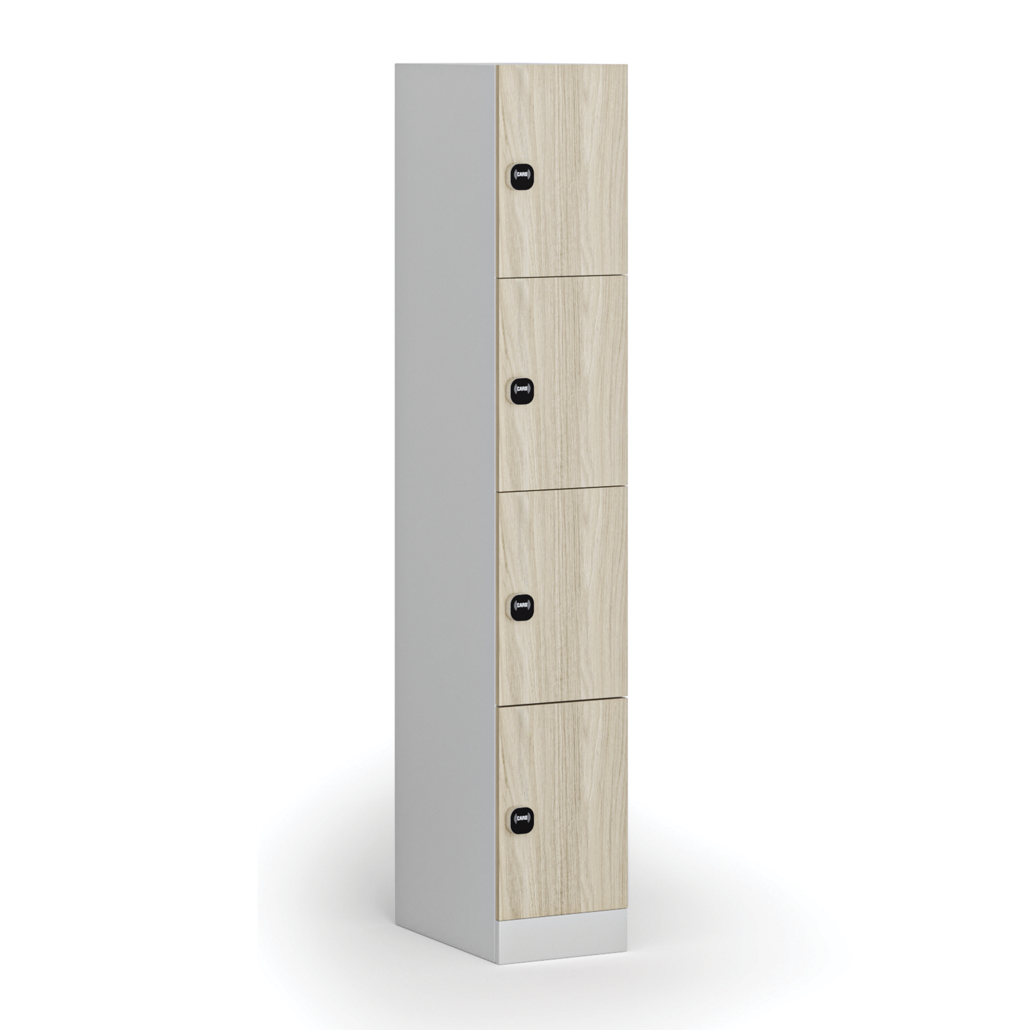 Šatní skříňka S1 s úložnými boxy, 4 boxy, 1850 x 300 x 500 mm, RFID zámek, laminované dveře, dub přírodní