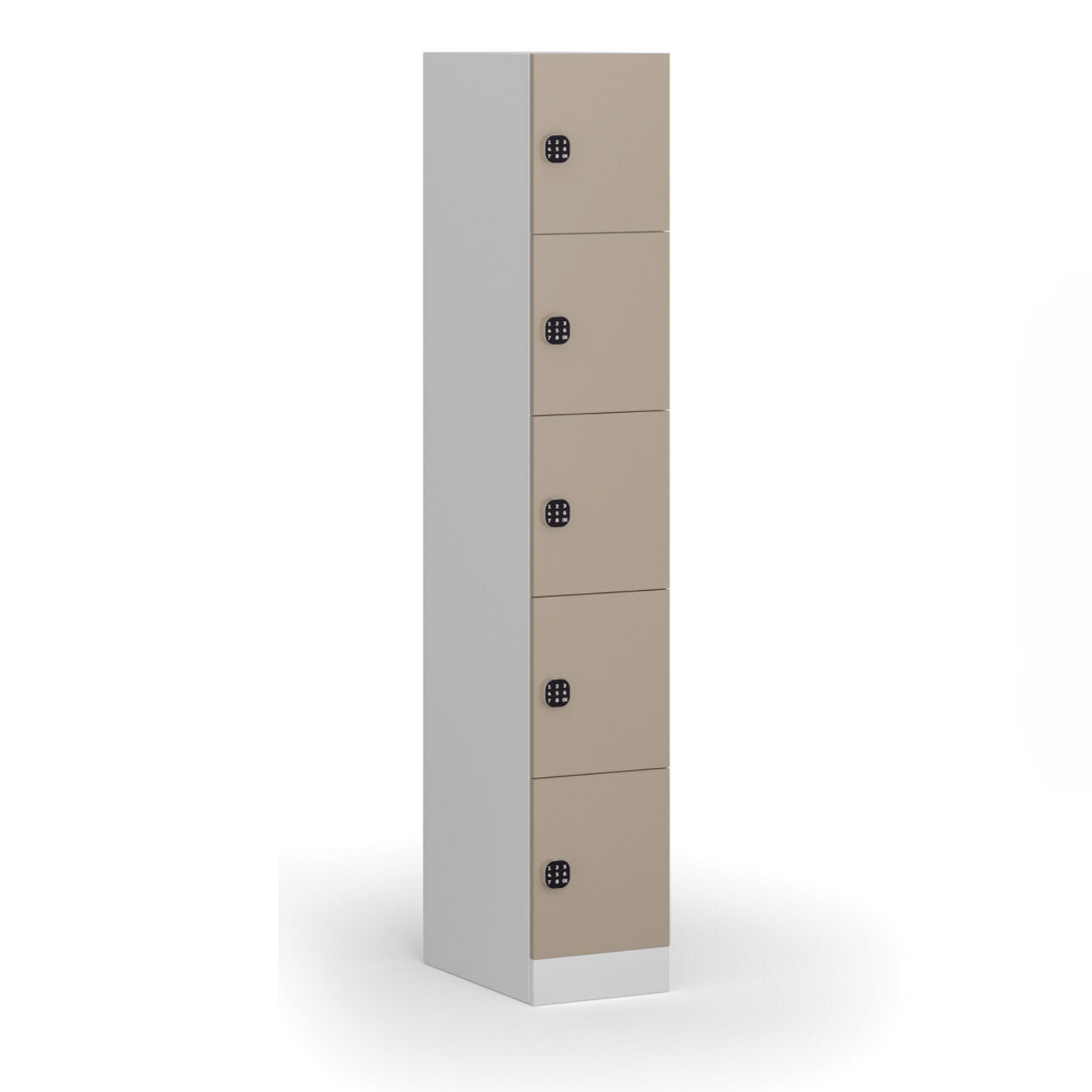 Šatní skříňka S1 s úložnými boxy, 5 boxů, 1850 x 300 x 500 mm, demont, kódový zámek, béžové dveře