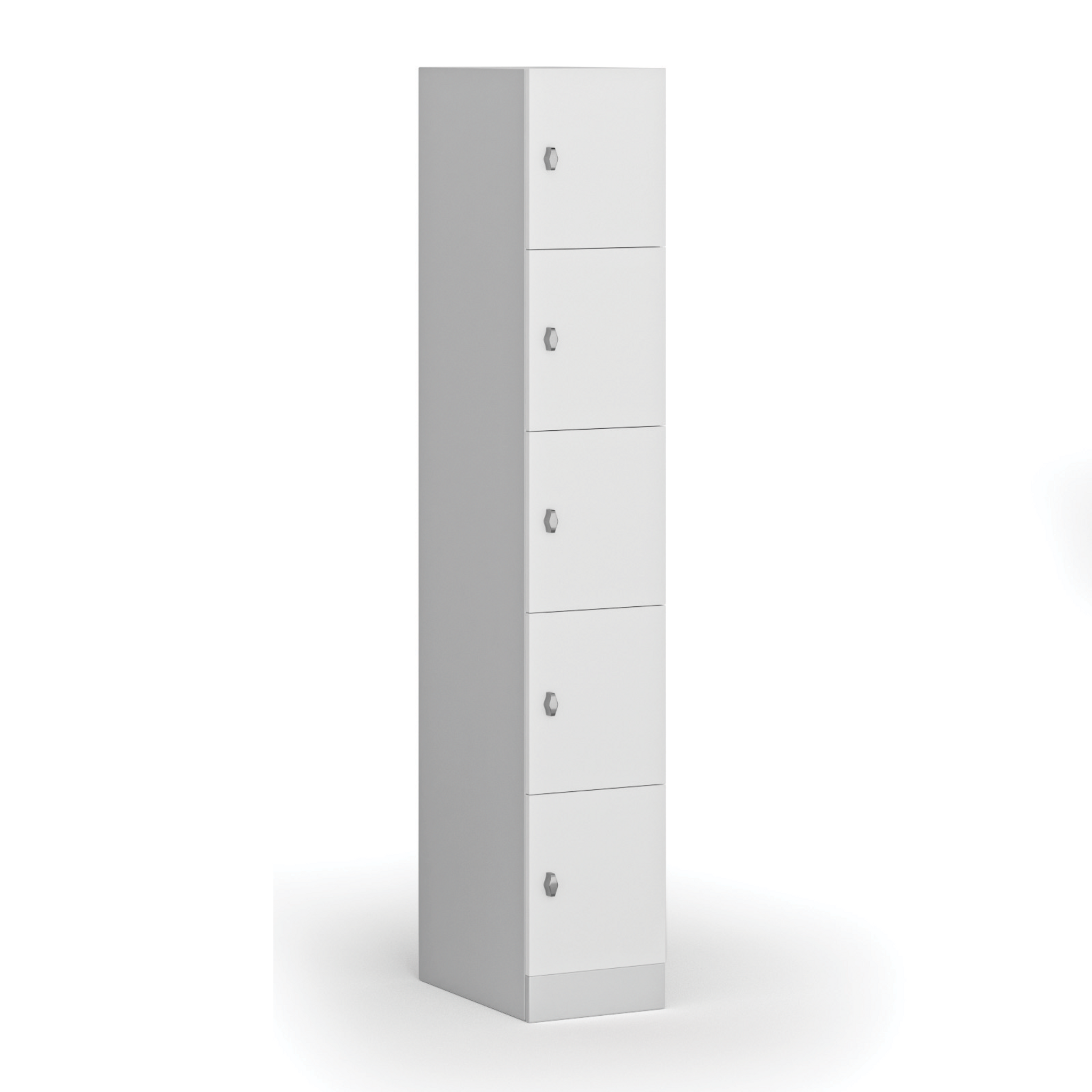 Šatní skříňka S1 s úložnými boxy, 5 boxů, 1850 x 300 x 500 mm, demont, otočný zámek, laminované dveře, bílá